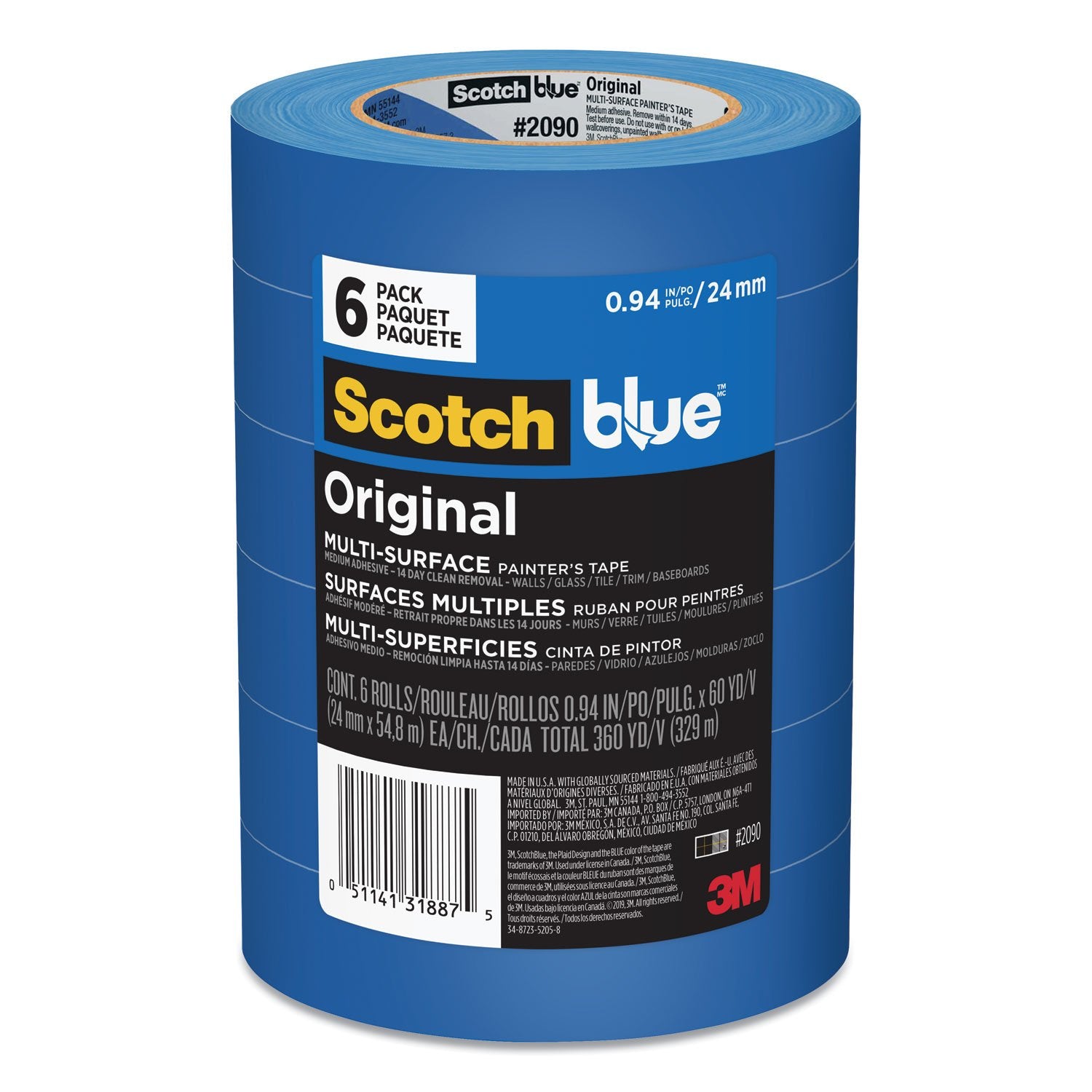 ScotchBlue Original Multi-Surface Painter's Tape, 3" Core, 0.94" x 60 yds, Blue, 6/Pack (209024EVP)