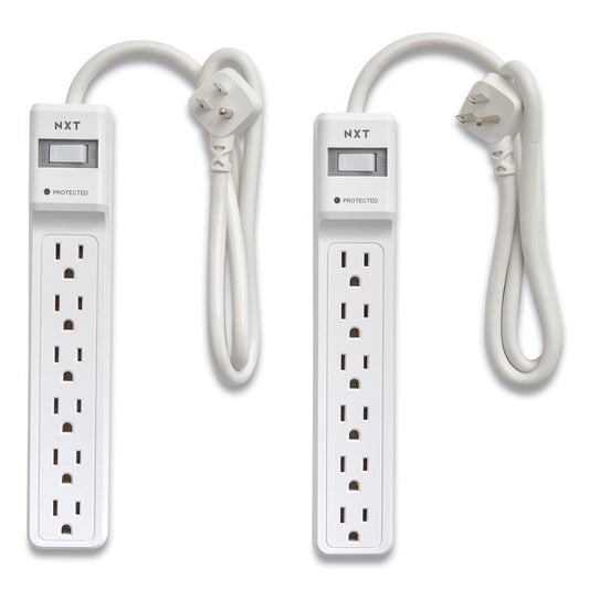 NXT Technologies Surge Protector, 6 AC Outlets, 2.5 ft Cord, 500 J, White, 2/Pack (24324332)