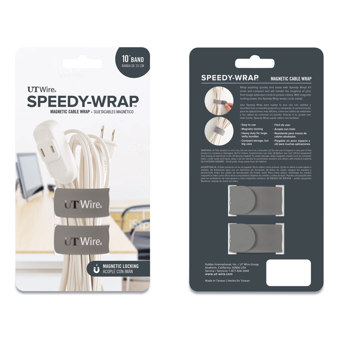 UT Wire Speedy-Wrap Magnetic Cable Wrap, 0.82" x 10", Gray, 2/Pack (UTWSWM2GY)
