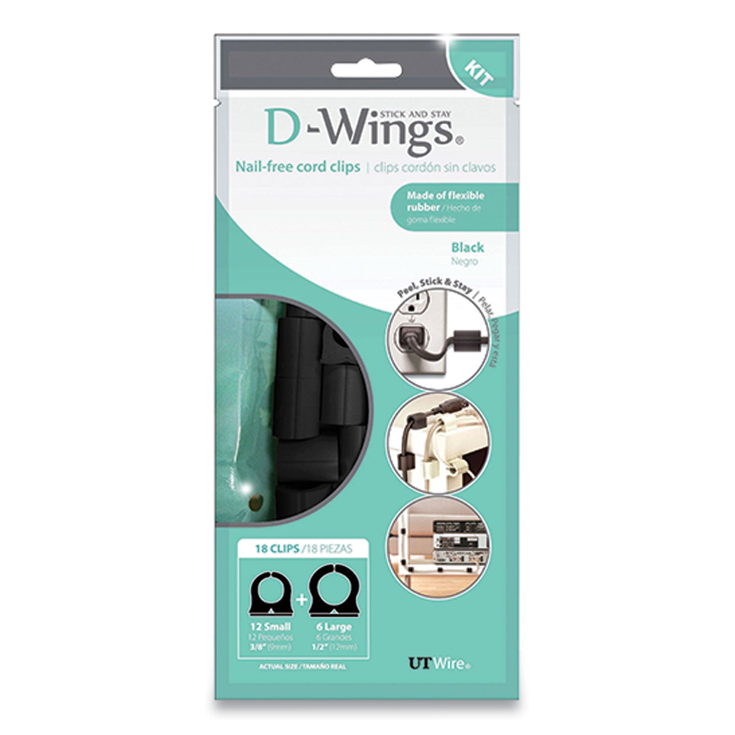 UT Wire D-Wings Nail-Free Cord Clips, 12 Small 0.38", Six Large 0.5", Black, 18/Pack (UTWD18BK)