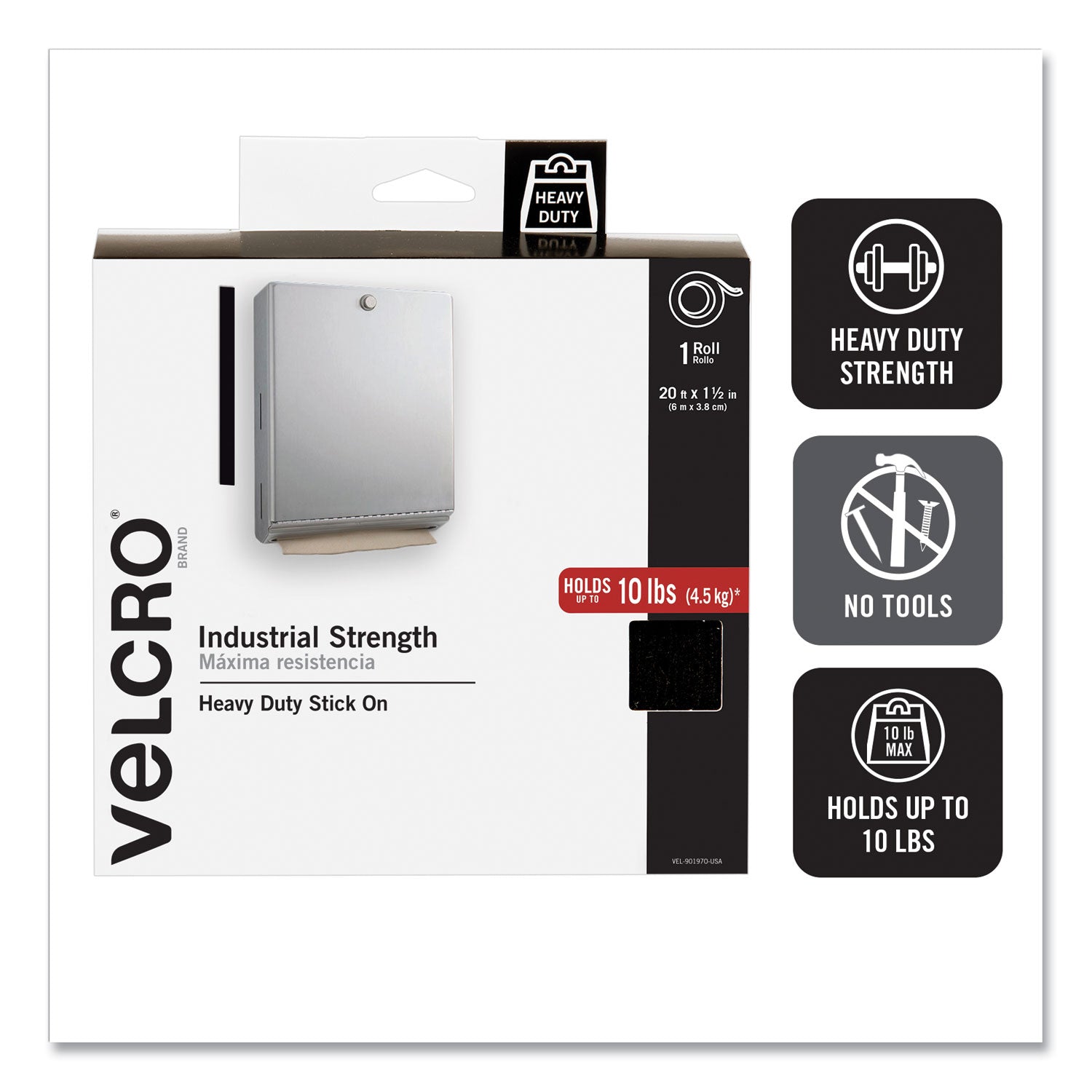 Velcro Industrial-Strength Heavy-Duty Fasteners with Dispenser Box, 2" x 15 ft, Black (90197)