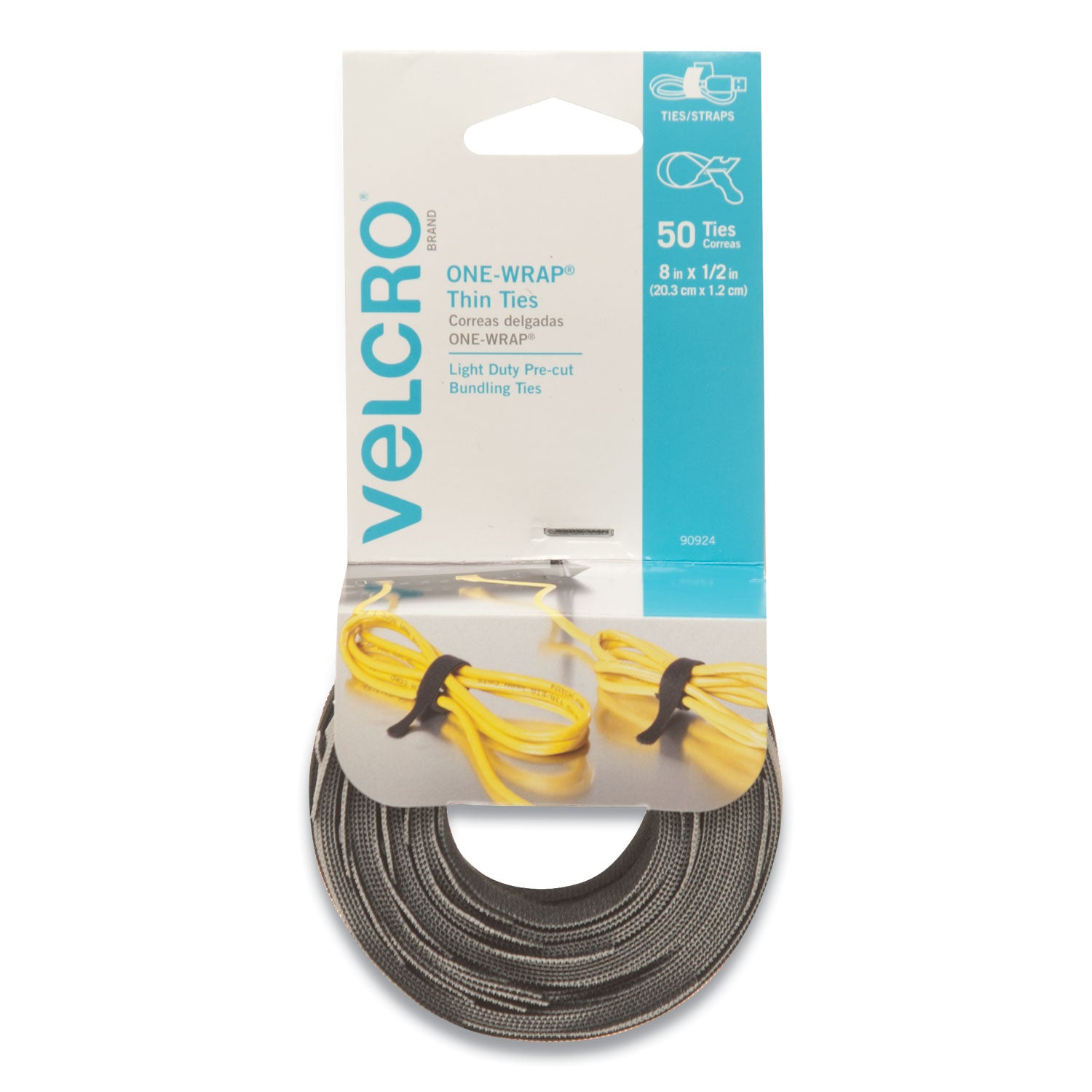 Velcro ONE-WRAP Pre-Cut Thin Ties, 0.5" x 8", Black/Gray, 50/Pack (90924)