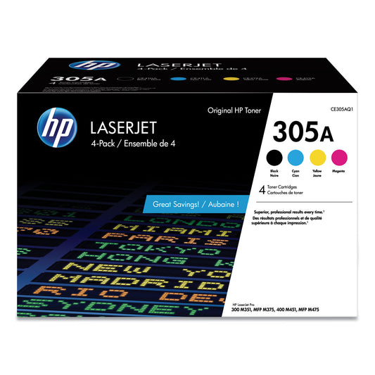 HP 305A, (CE305A-Q) 4-Pack Black/Cyan/Magenta/Yellow Original LaserJet Toner Cartridges (CE305AQ1)