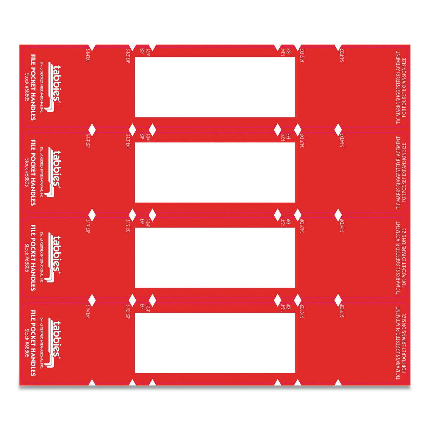 Tabbies File Pocket Handles, 9.63 x 2, Red/White, 4/Sheet, 12 Sheets/Pack (68805)