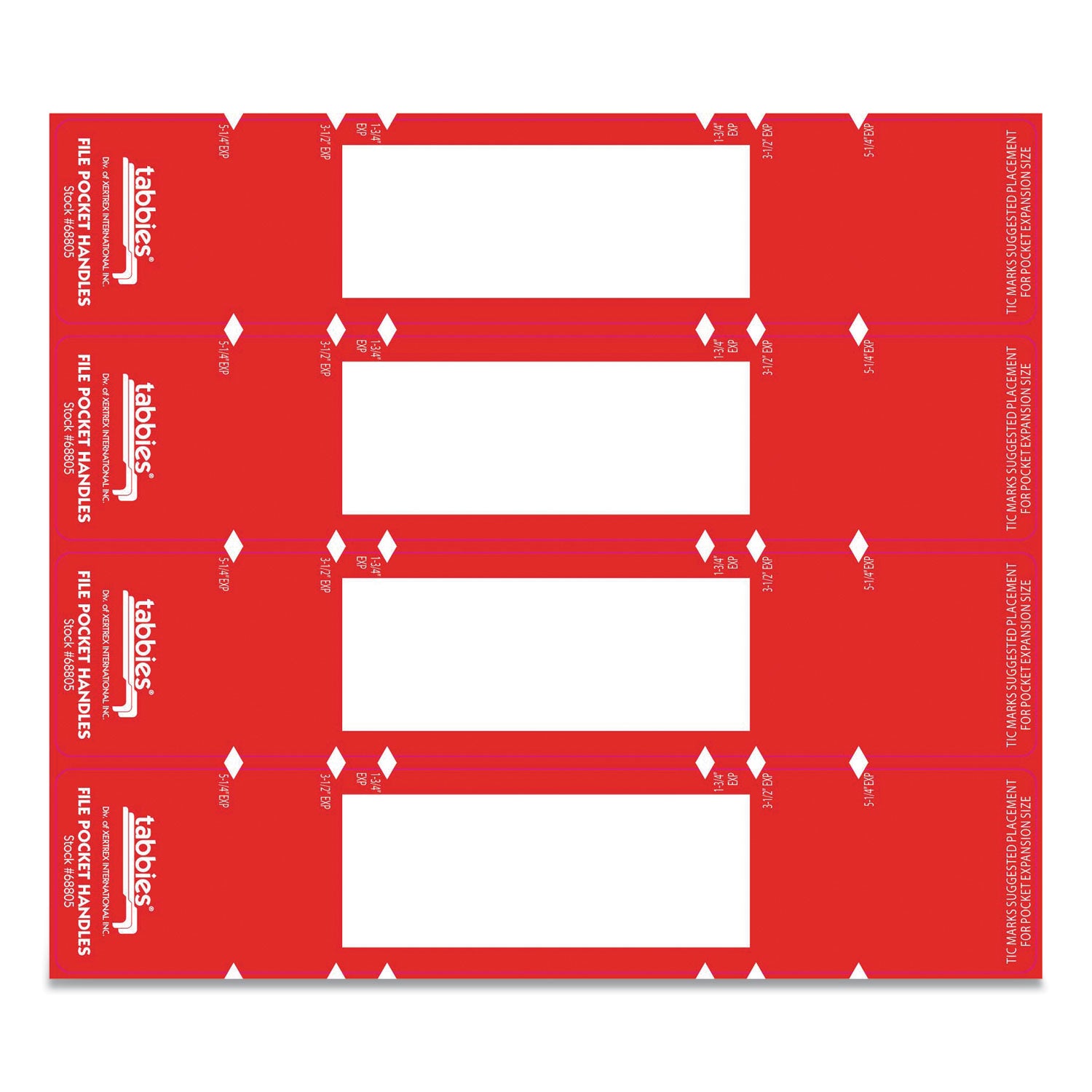 Tabbies File Pocket Handles, 9.63 x 2, Red/White, 4/Sheet, 12 Sheets/Pack (68805)