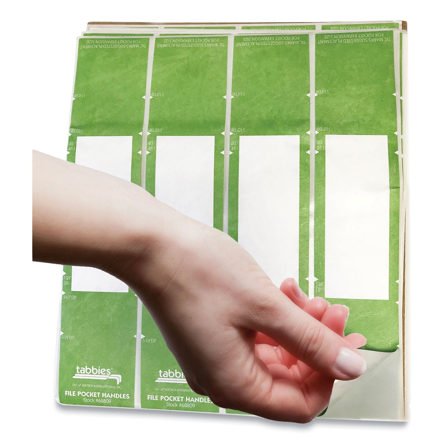 Tabbies File Pocket Handles, 9.63 x 2, Green/White,  4/Sheet, 12 Sheets/Pack (68809)