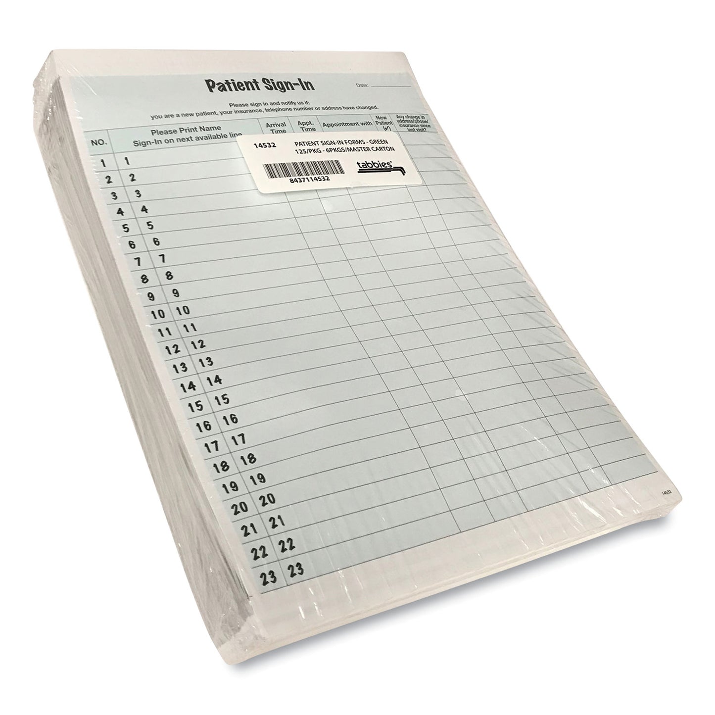 Tabbies Patient Sign-In Label Forms, Two-Part Carbon, 8.5 x 11.63, Green Sheets, 125 Forms Total (14532)