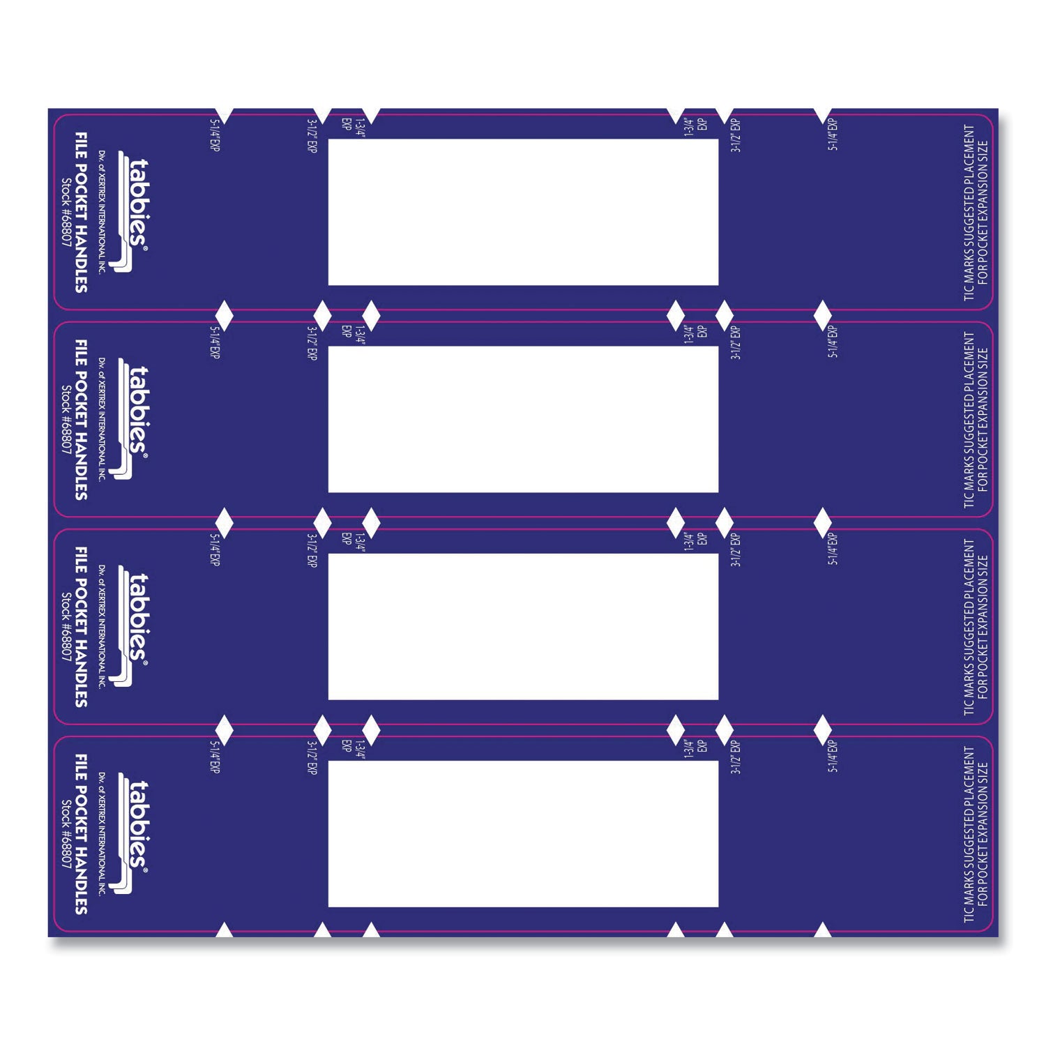 Tabbies File Pocket Handles, 9.63 x 2, Dark Blue/White, 4/Sheet, 12 Sheets/Pack (68807)