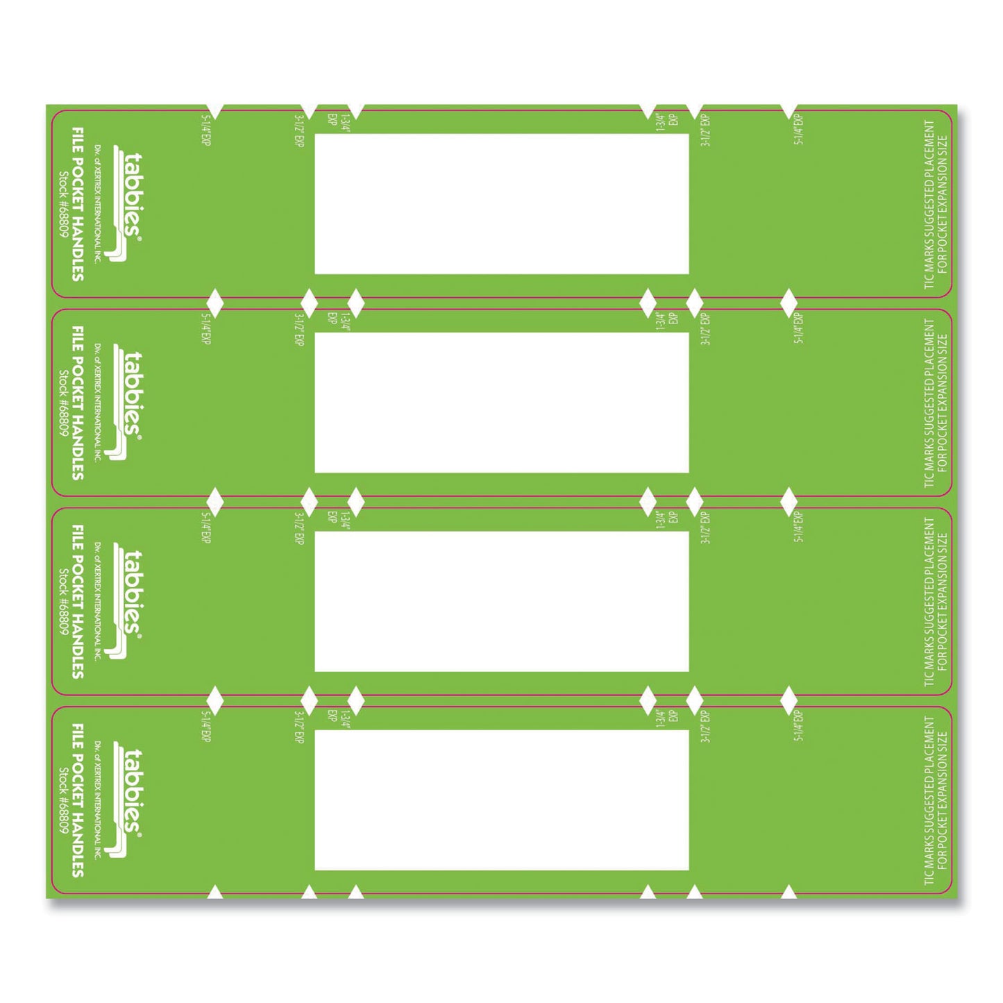 Tabbies File Pocket Handles, 9.63 x 2, Green/White,  4/Sheet, 12 Sheets/Pack (68809)