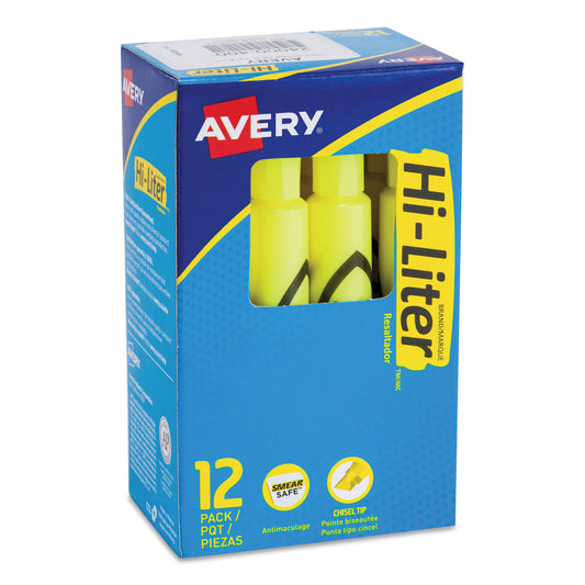 Avery HI-LITER Desk-Style Highlighters, Fluorescent Yellow Ink, Chisel Tip, Yellow/Black Barrel, Dozen (24000)