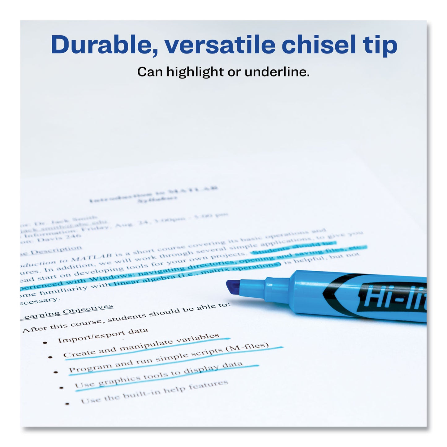 Avery HI-LITER Desk-Style Highlighters, Fluorescent Blue Ink, Chisel Tip, Blue/Black Barrel, Dozen (24016)