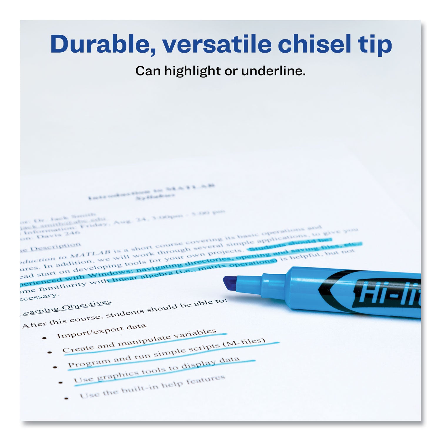 Avery HI-LITER Desk-Style Highlighters, Fluorescent Blue Ink, Chisel Tip, Blue/Black Barrel, Dozen (24016)