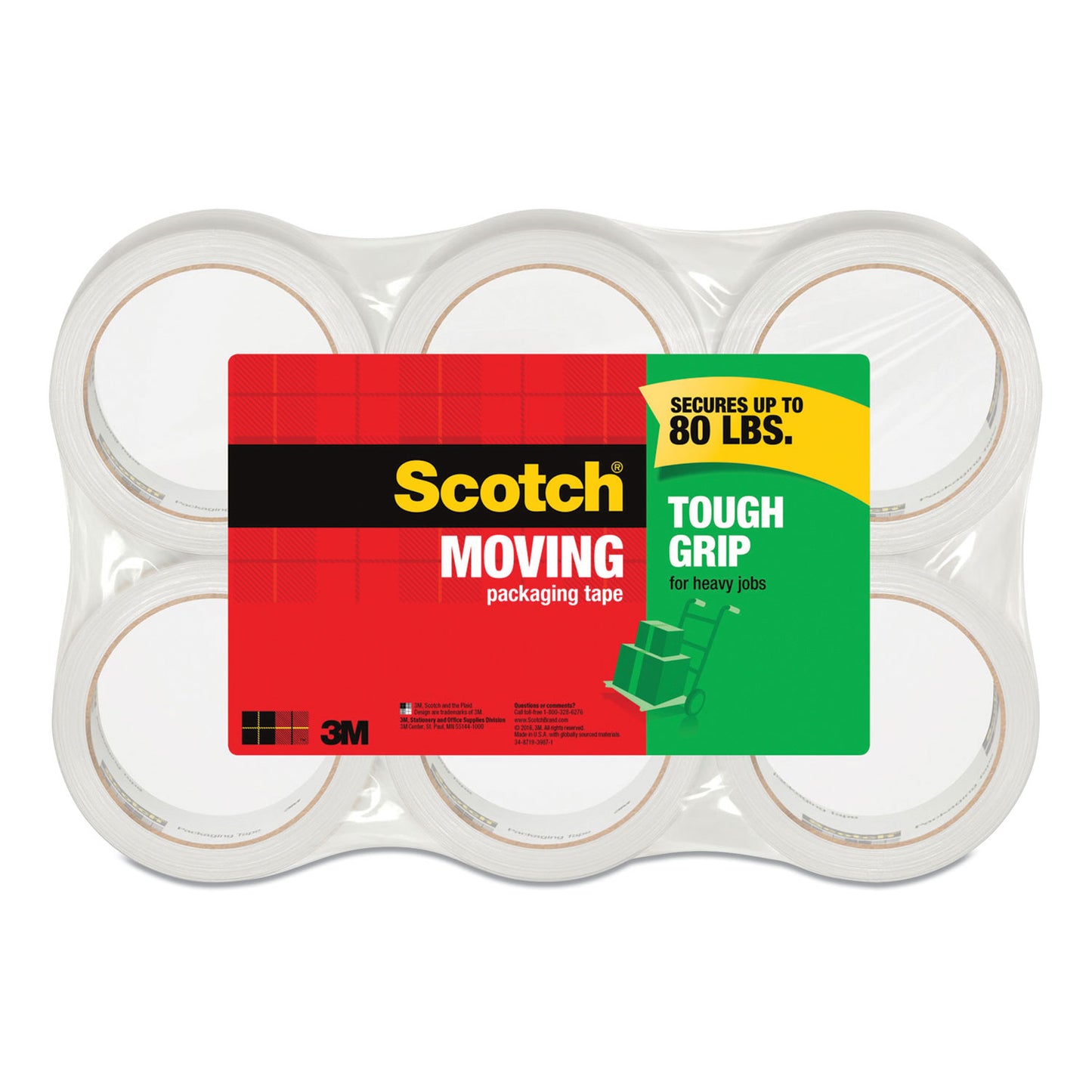Scotch Tough Grip Moving Packaging Tape, 3" Core, 1.88" x 43.7 yds, Clear, 6/Pack (3500406)