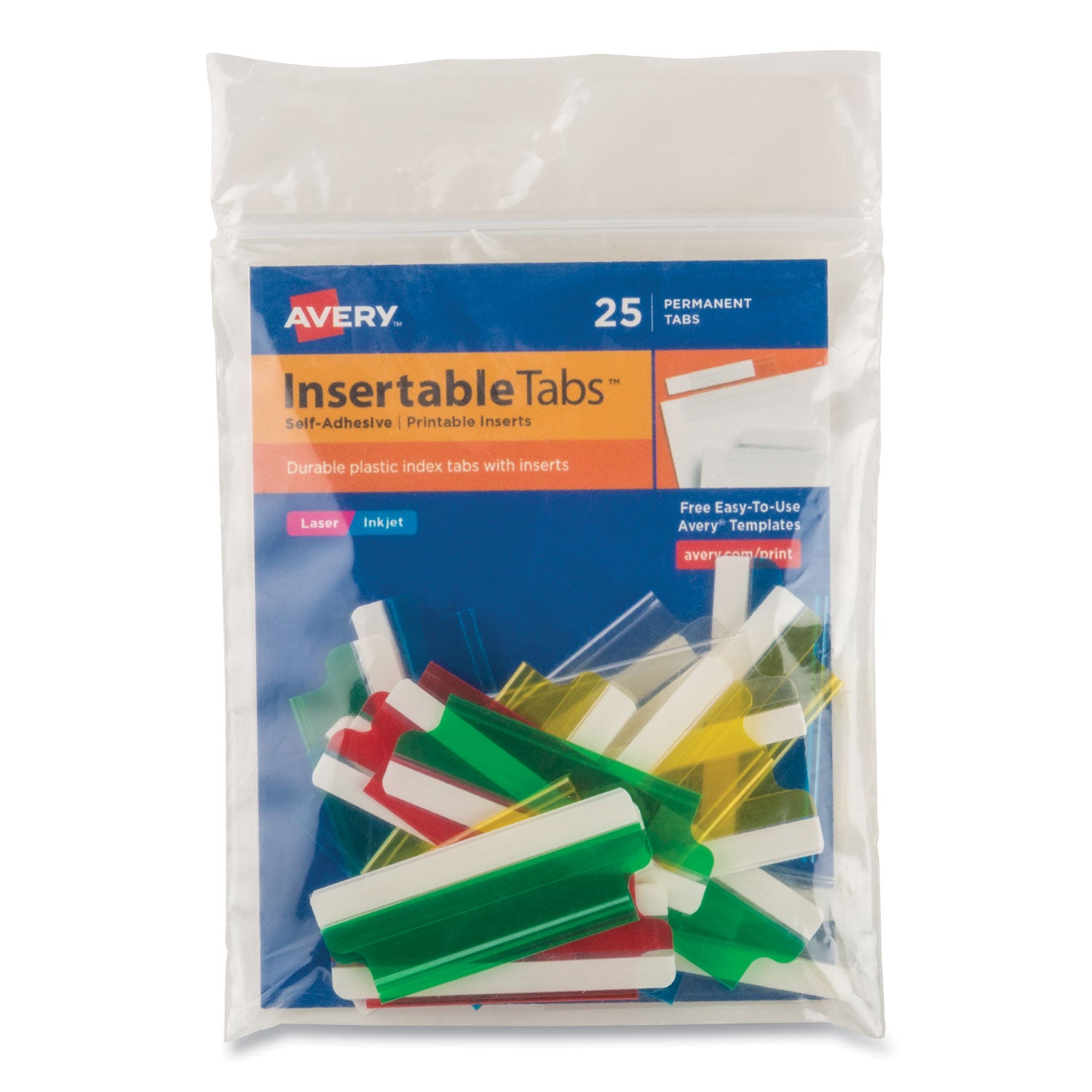 Avery Insertable Index Tabs with Printable Inserts, 1/5-Cut, Assorted Colors, 2" Wide, 25/Pack (16239)