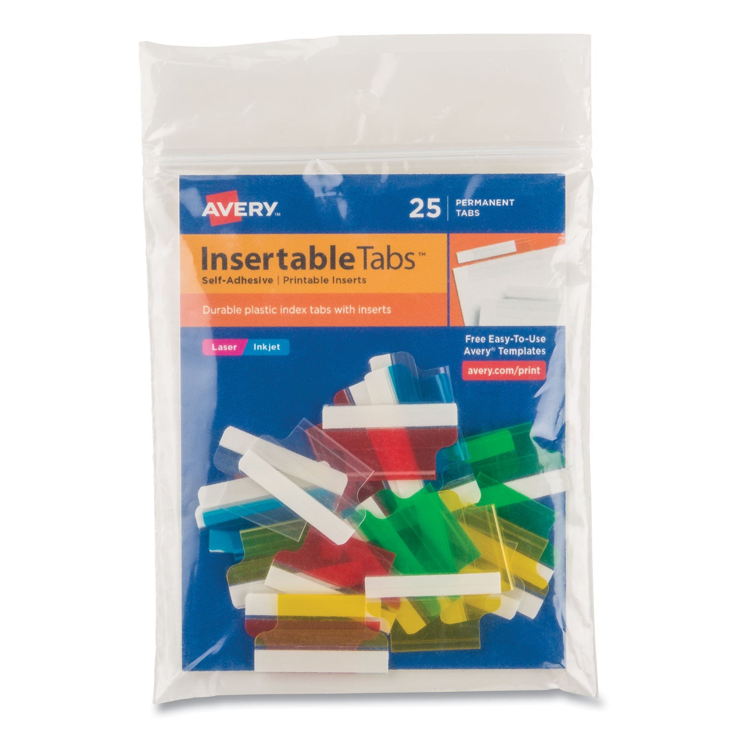 Avery Insertable Index Tabs with Printable Inserts, 1/5-Cut, Assorted Colors, 1" Wide, 25/Pack (16219)