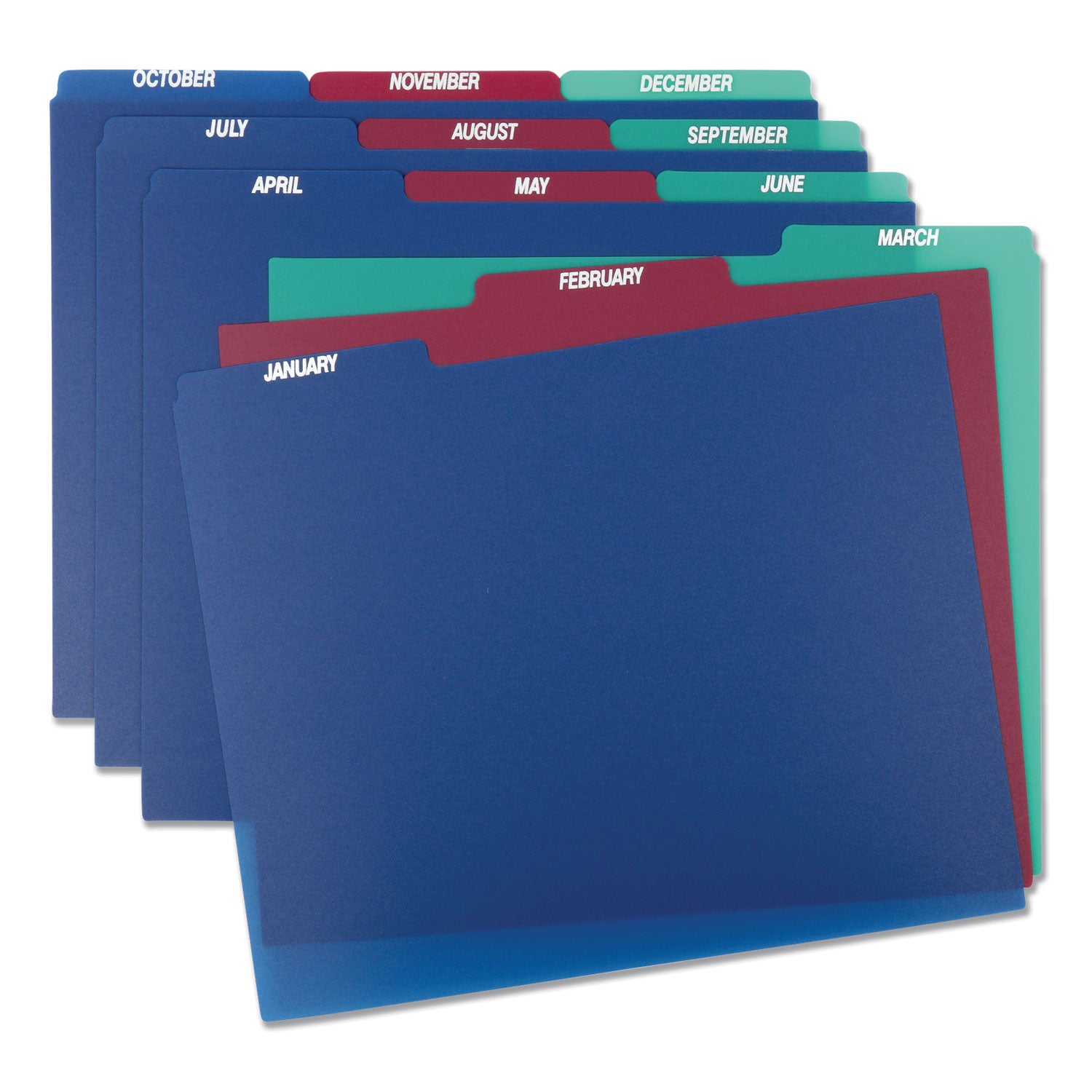 Pendaflex Poly Top Tab File Guides, 1/3-Cut Top Tab, January to December, 8.5 x 11, Assorted Colors, 12/Set (40144)