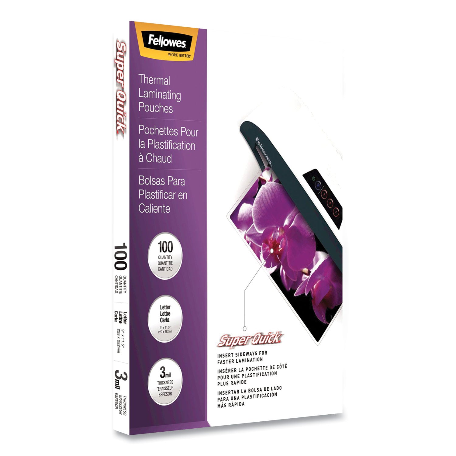 Fellowes SuperQuick Thermal Laminating Pouches, 3 mil, 9" x 11.5", Gloss Clear, 100/Pack (5245801)