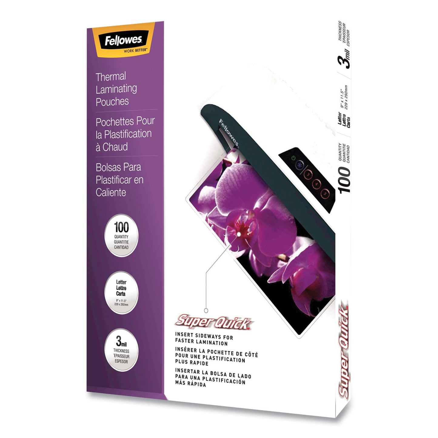 Fellowes SuperQuick Thermal Laminating Pouches, 3 mil, 9" x 11.5", Gloss Clear, 100/Pack (5245801)