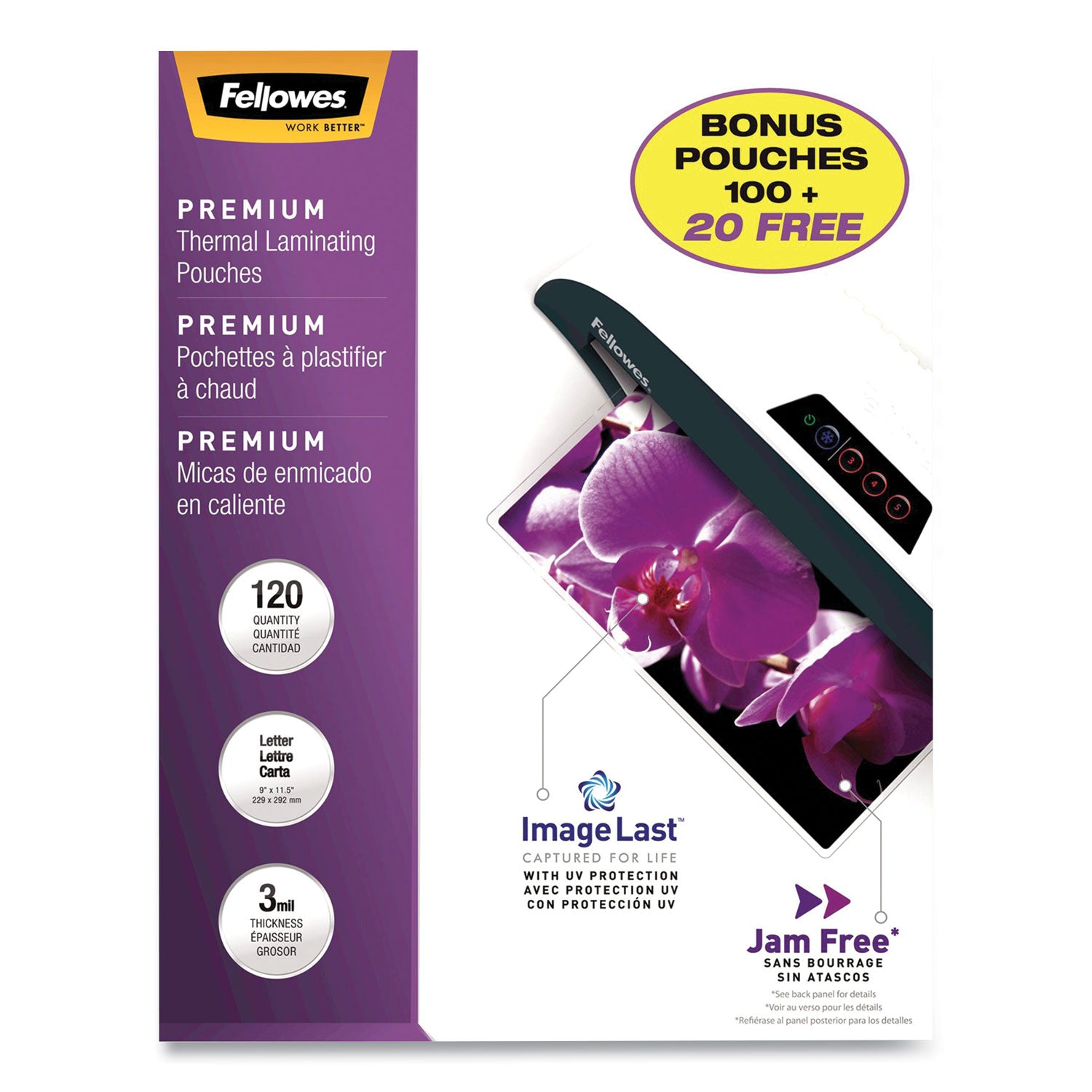 Fellowes ImageLast Laminating Pouches with UV Protection, 3 mil, 9" x 11.5", Clear, 120/Pack (5228901)