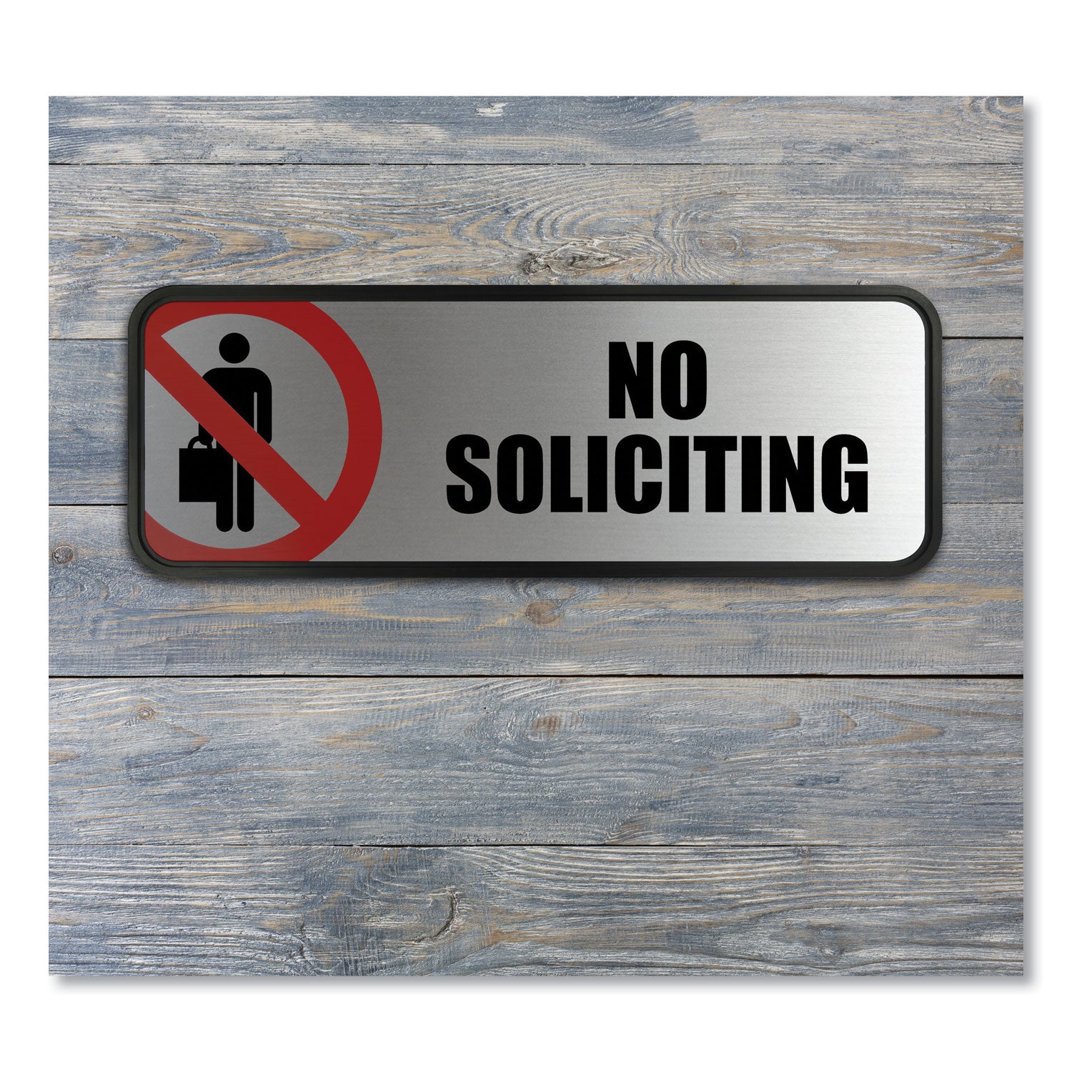 COSCO Brushed Metal Office Sign, No Soliciting, 9 x 3, Silver/Red (098208)