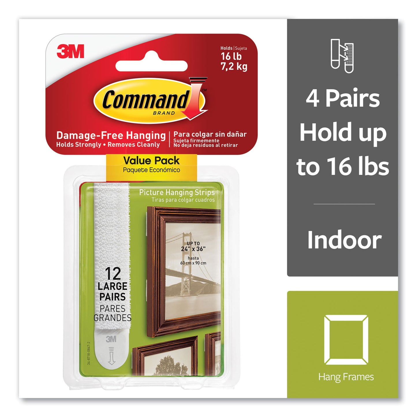 Command Picture Hanging Strips, Large, Removable, Holds Up to 4 lbs per Pair, 0.75 x 3.65, White, 12 Pairs/Pack (1720612ES)