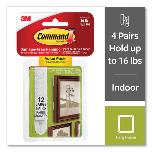 Command Picture Hanging Strips, Large, Removable, Holds Up to 4 lbs per Pair, 0.75 x 3.65, White, 12 Pairs/Pack (1720612ES)