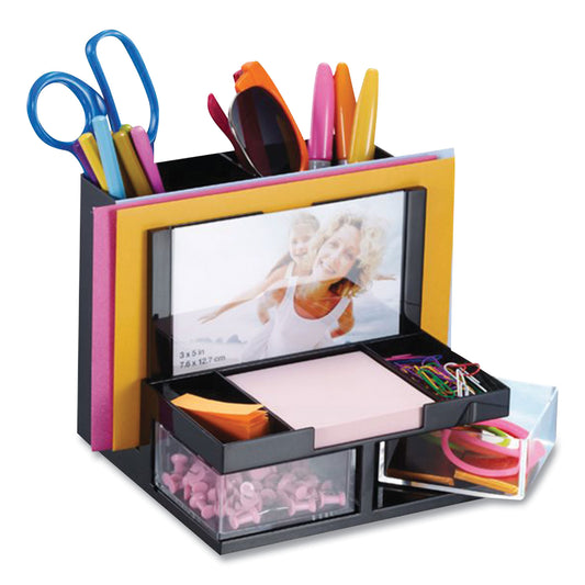 Officemate VersaPlus Desk Organizer,7 Compartments, Plastic, 6.19 x 6.31 x 5.5, Black (23112)