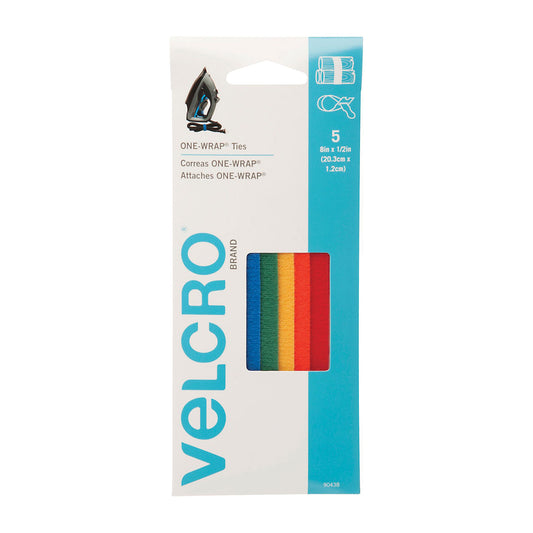 Velcro ONE-WRAP Pre-Cut Thin Ties, 0.5" x 8", Assorted Colors, 5/Pack (90438PK)