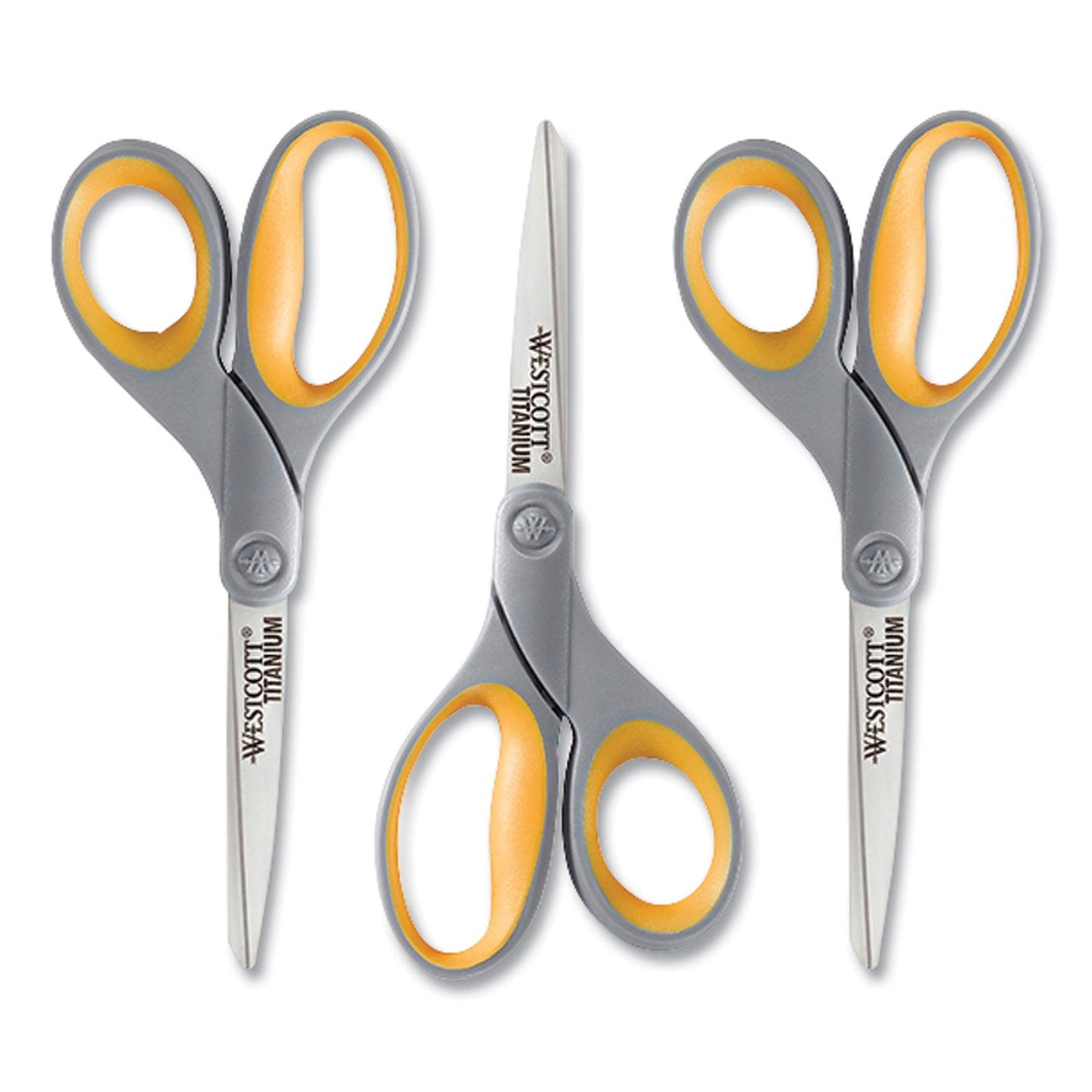 Westcott Titanium Bonded Scissors, 8" Long, 3.5" Cut Length, Straight Gray/Yellow Handle, 3/Box (17532)