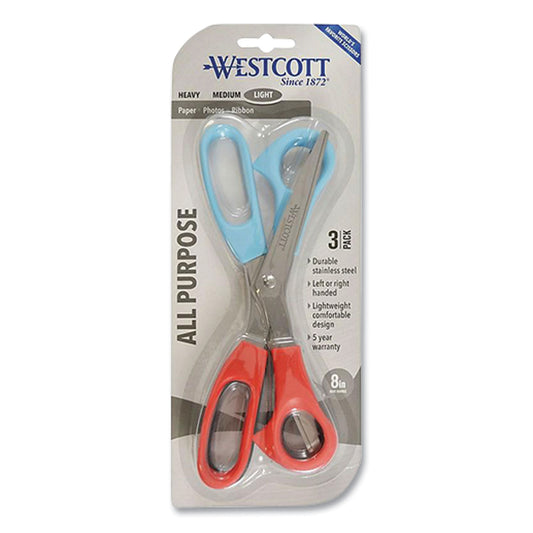 Westcott All Purpose Value Stainless Steel Scissors, 8" Long, 3" Cut Length, Offset Assorted Color Handles, 3/Pack (13023)