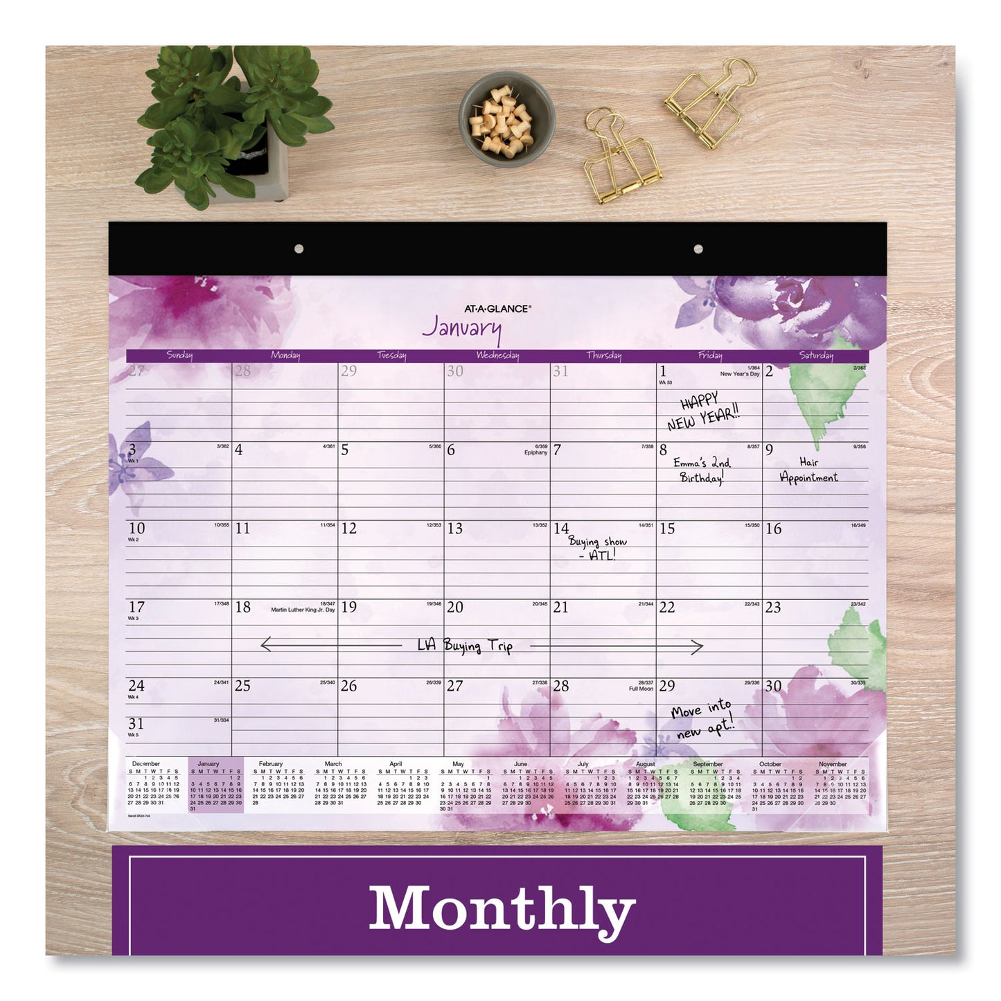 AT-A-GLANCE Beautiful Day Desk Pad Calendar, Floral Artwork, 21.75 x 17, Assorted Color Sheets, Black Binding, 12-Month (Jan-Dec): 2025 (SK38704)