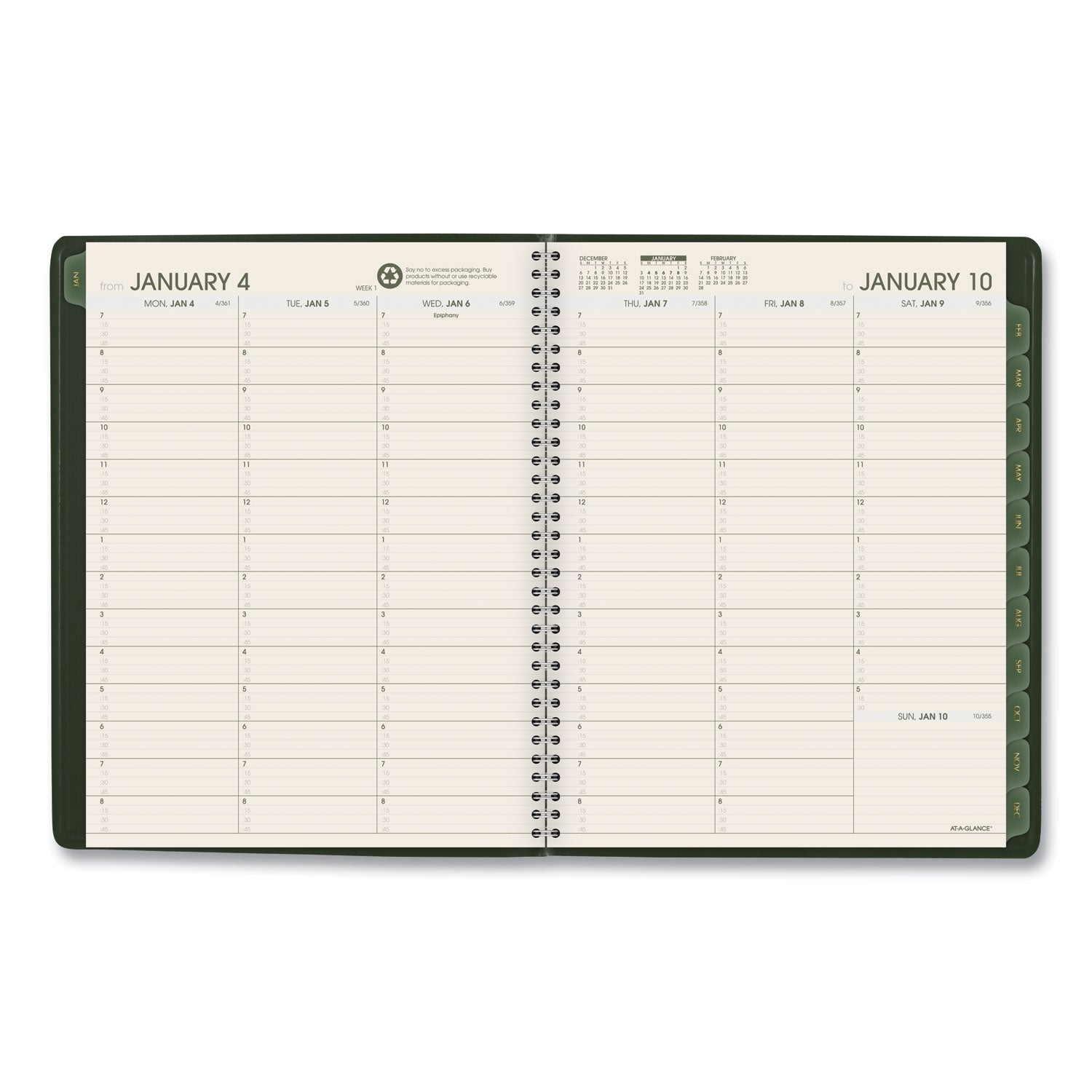 AT-A-GLANCE Recycled Weekly Vertical-Column Format Appointment Book, 11 x 8.25, Green Cover, 12-Month (Jan to Dec): 2025 (70950G60)