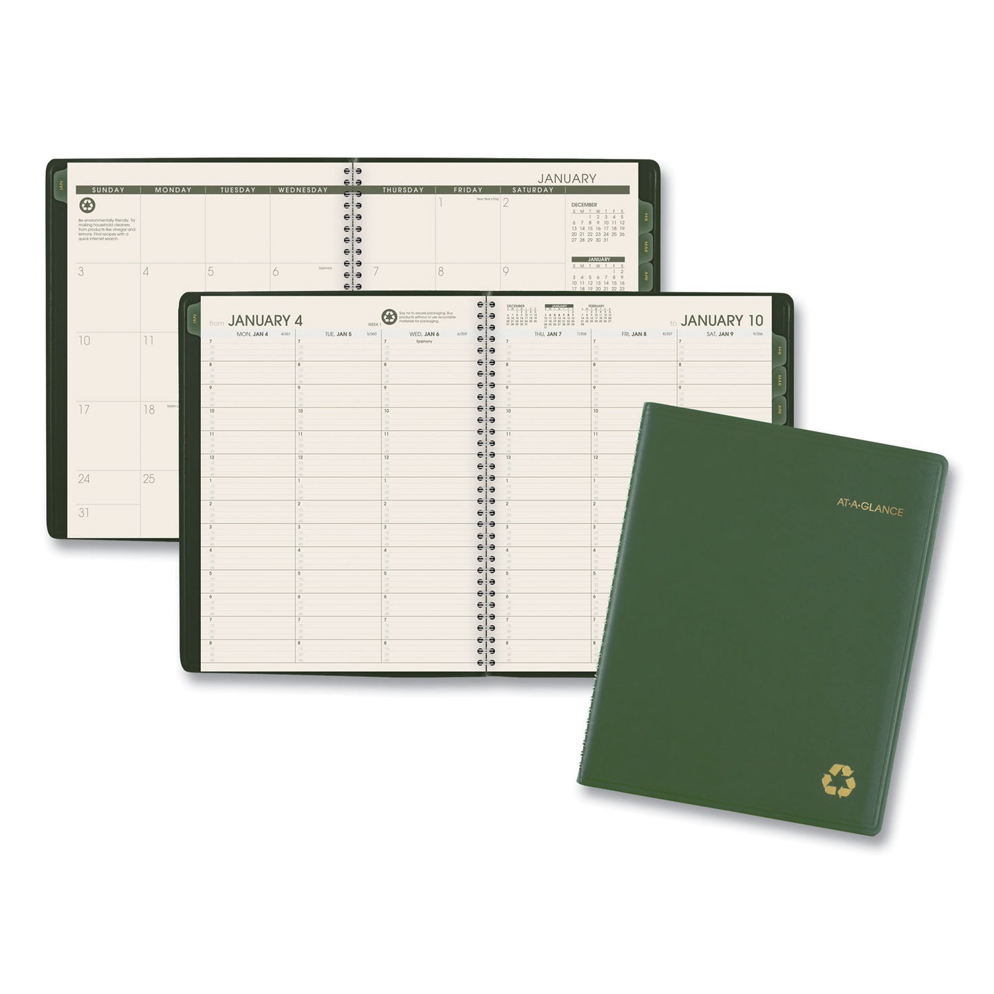 AT-A-GLANCE Recycled Weekly Vertical-Column Format Appointment Book, 11 x 8.25, Green Cover, 12-Month (Jan to Dec): 2025 (70950G60)