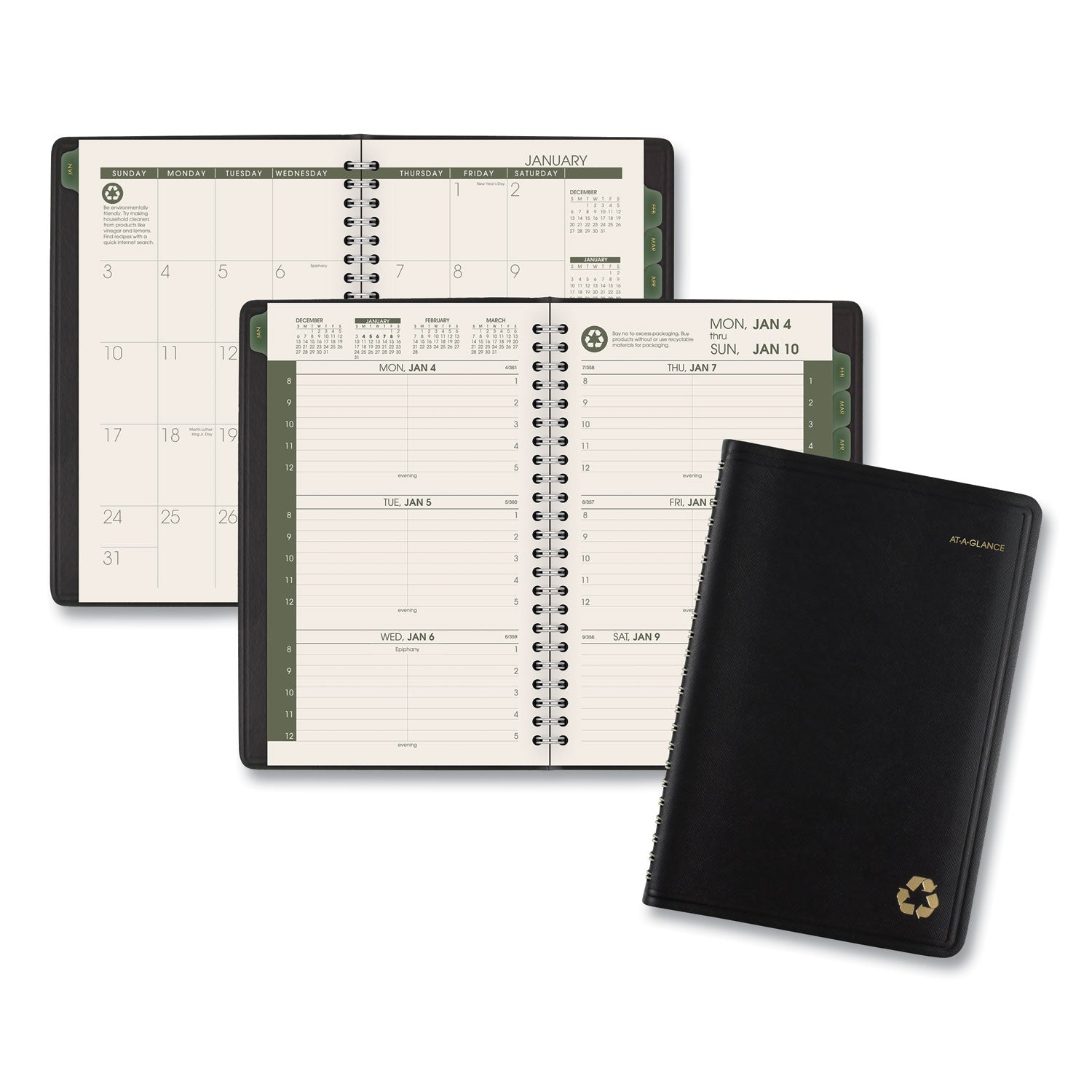 AT-A-GLANCE Recycled Weekly Block Format Appointment Book, 8.5 x 5.5, Black Cover, 12-Month (Jan to Dec): 2025 (70100G05)