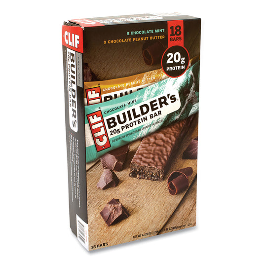 CLIF Bar Builders Protein Bar, Chocolate Mint/Chocolate Peanut Butter, 2.4 oz Bar, 18 Bars/Box (22000543)