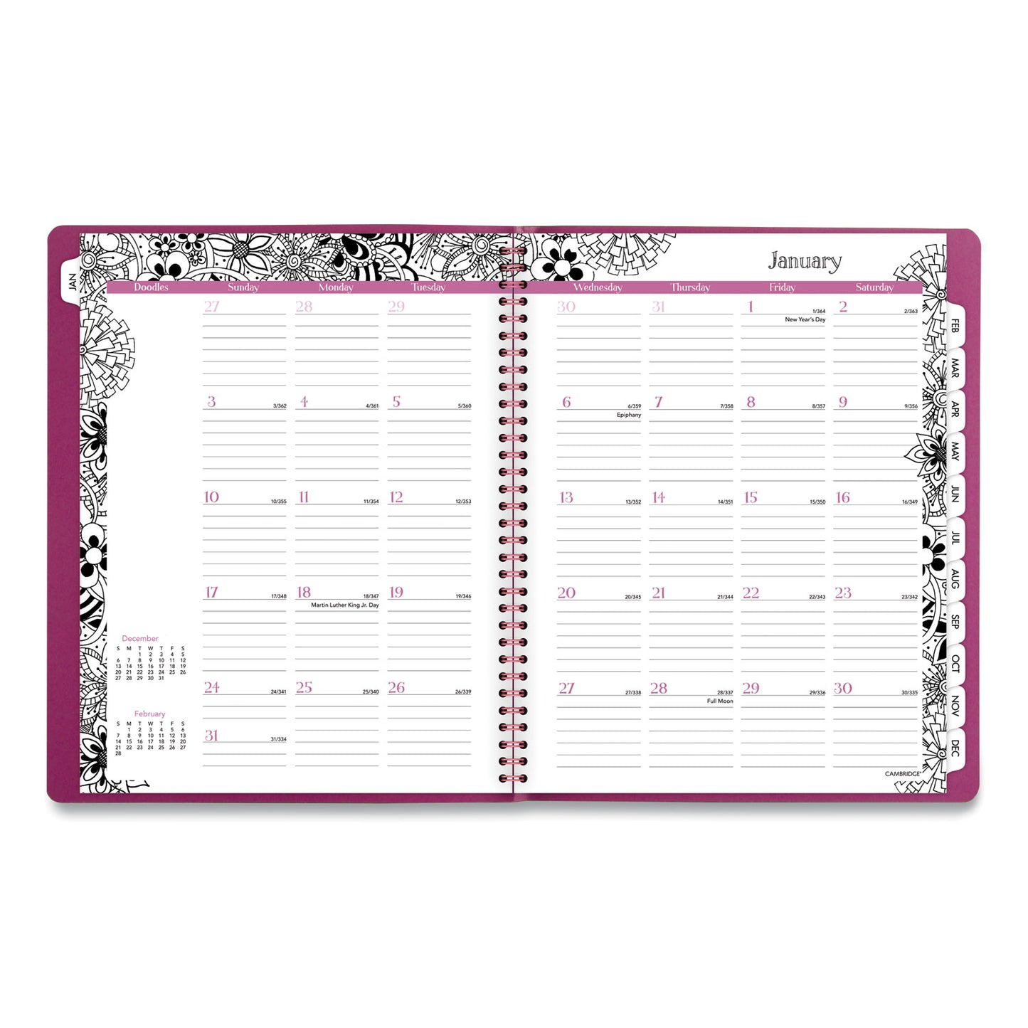 Cambridge Floradoodle Weekly/Monthly Professional Planner, Floral Artwork, 11 x 8.5, Black/White Cover, 12-Month (Jan-Dec): 2025 (589905)