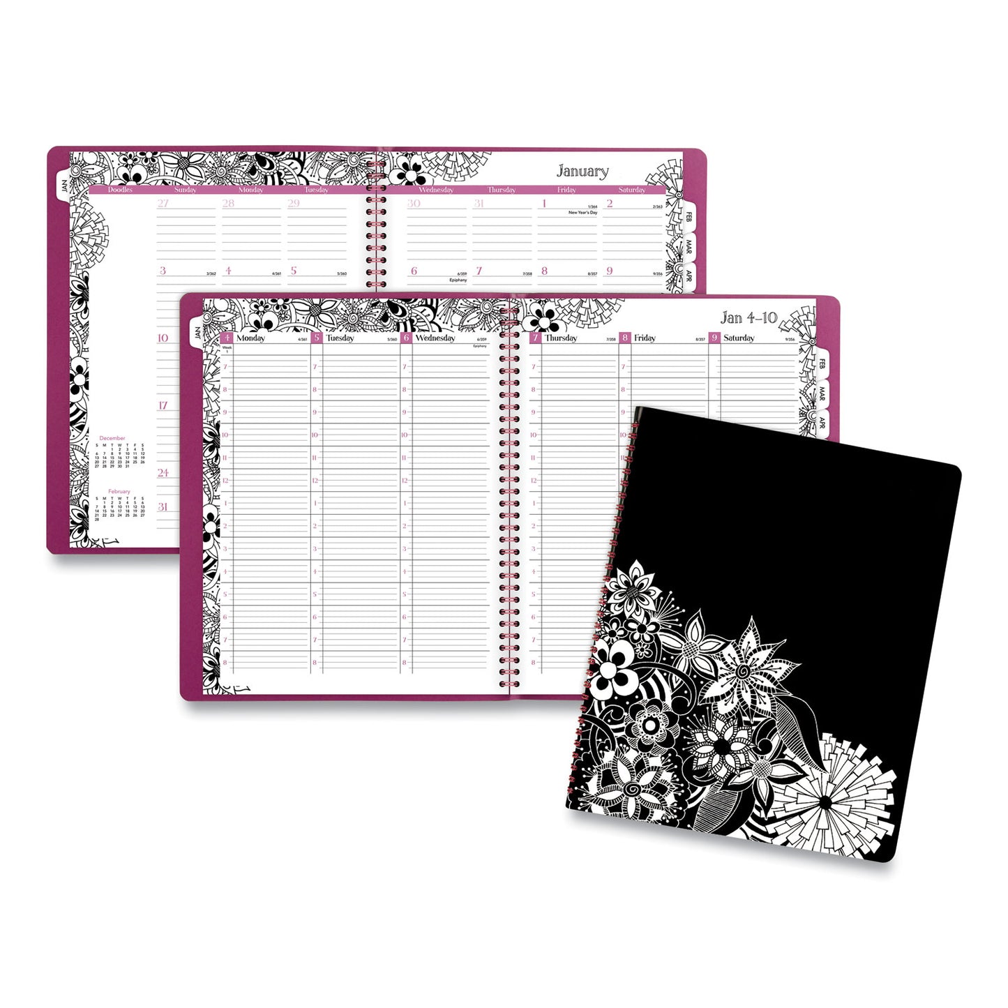 Cambridge Floradoodle Weekly/Monthly Professional Planner, Floral Artwork, 11 x 8.5, Black/White Cover, 12-Month (Jan-Dec): 2025 (589905)