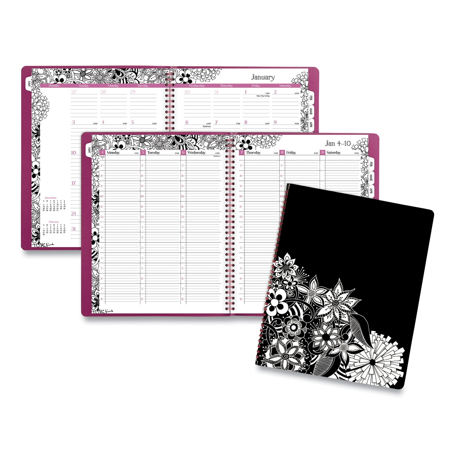 Cambridge Floradoodle Weekly/Monthly Professional Planner, Floral Artwork, 11 x 8.5, Black/White Cover, 12-Month (Jan-Dec): 2025 (589905)