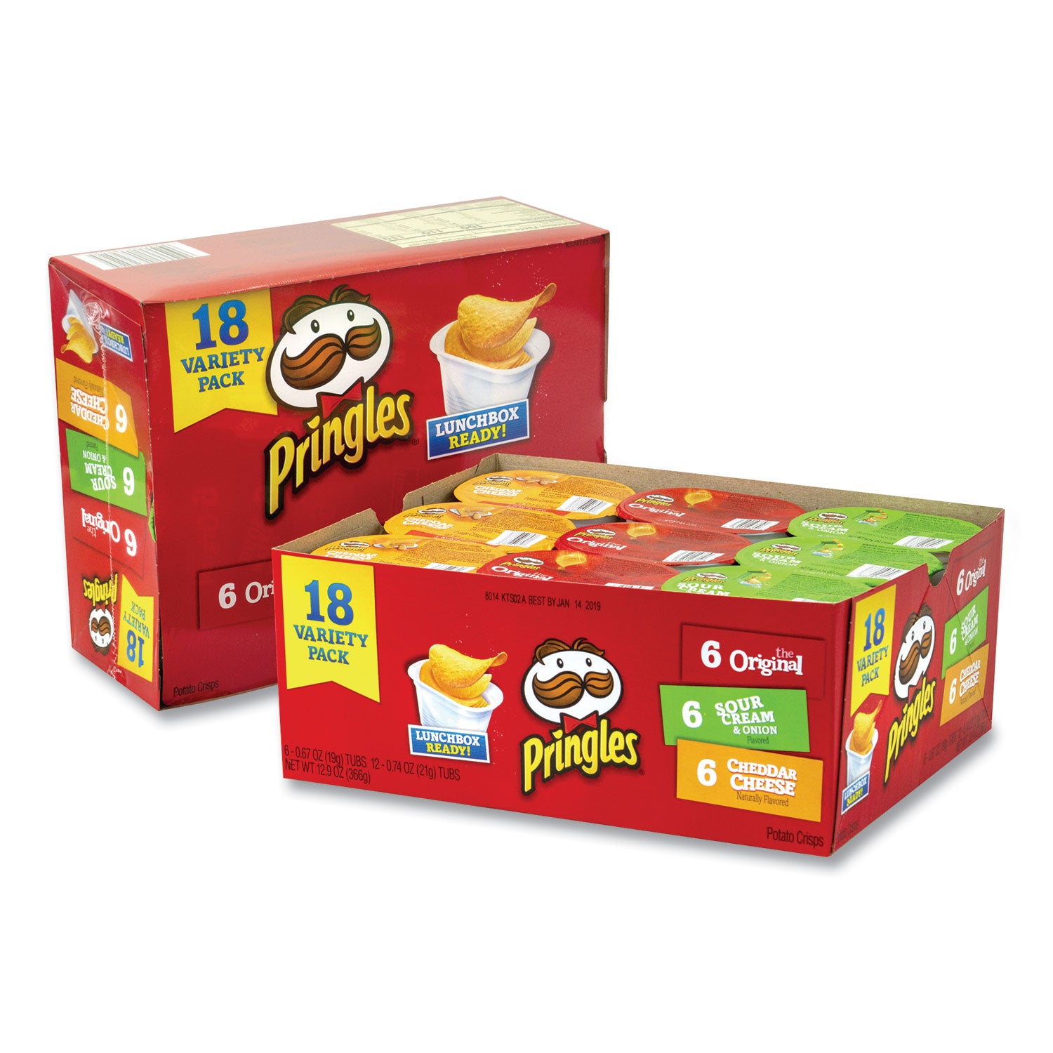 Pringles Potato Chips, Assorted, 0.67 oz Tub, 18 Tubs/Box, 2 Boxes/Carton (22000407)