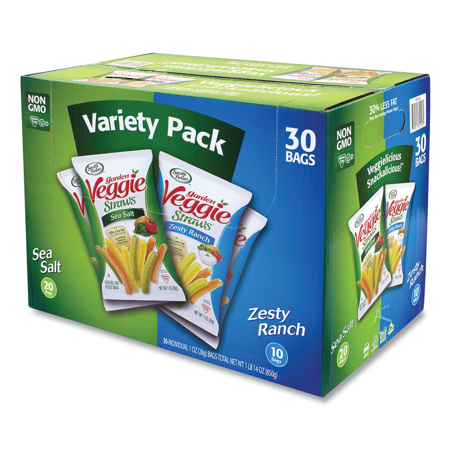 Sensible Portions Veggie Straws, Cheddar Cheese/Sea Salt/Zesty Ranch, 1 oz Bag, 30 Bags/Carton (22000413)