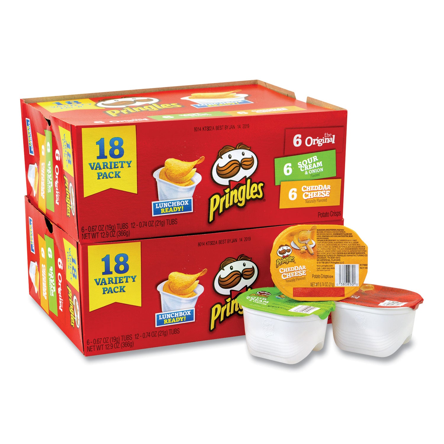 Pringles Potato Chips, Assorted, 0.67 oz Tub, 18 Tubs/Box, 2 Boxes/Carton (22000407)