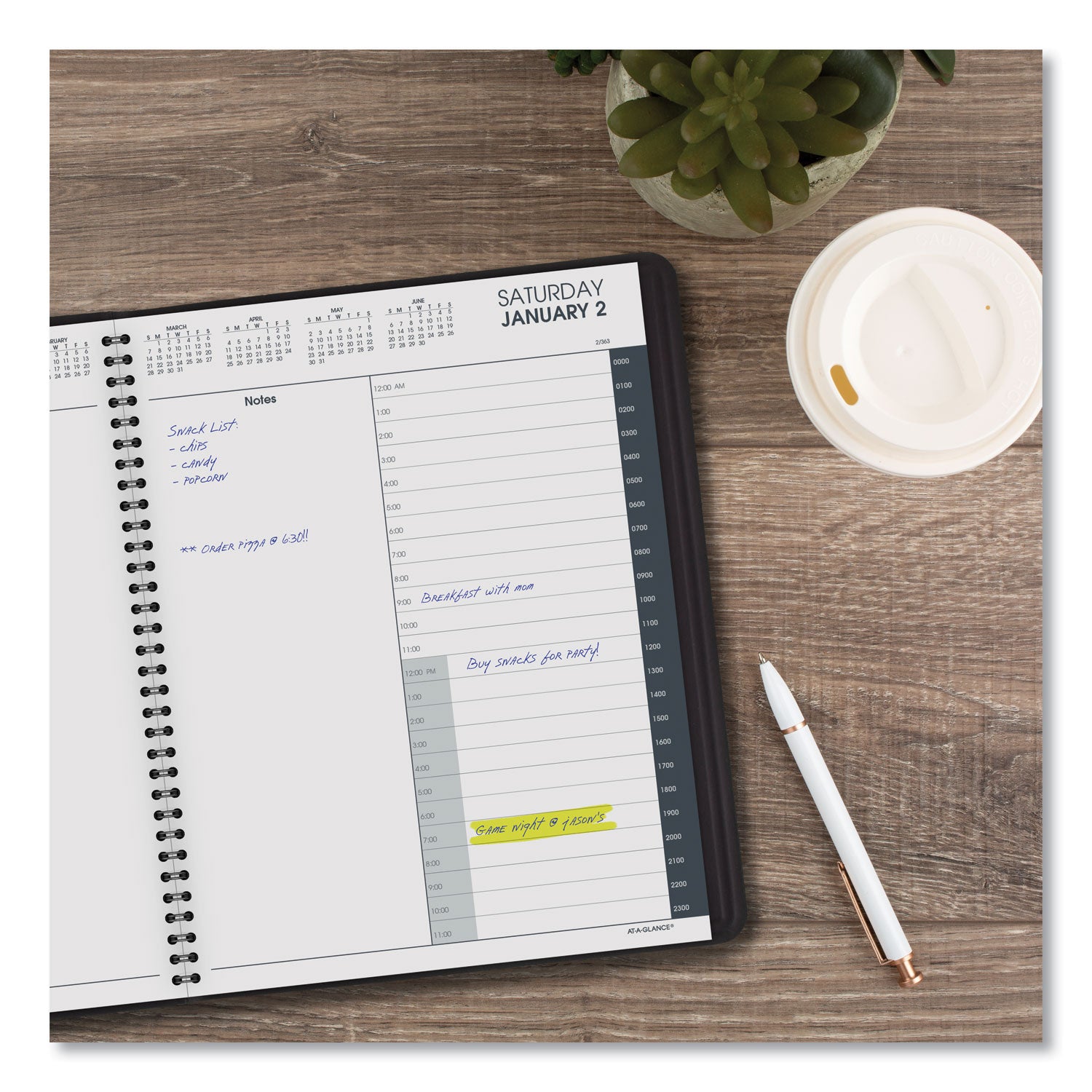AT-A-GLANCE 24-Hour Daily Appointment Book, 11 x 8.5, Black Cover, 12-Month (Jan to Dec): 2025 (7021405)