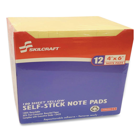 AbilityOne 7530012858355, SKILCRAFT Self-Stick Note Pad, 4" x 6", Yellow, 100 Sheets/Pad, 12 Pads/Pack