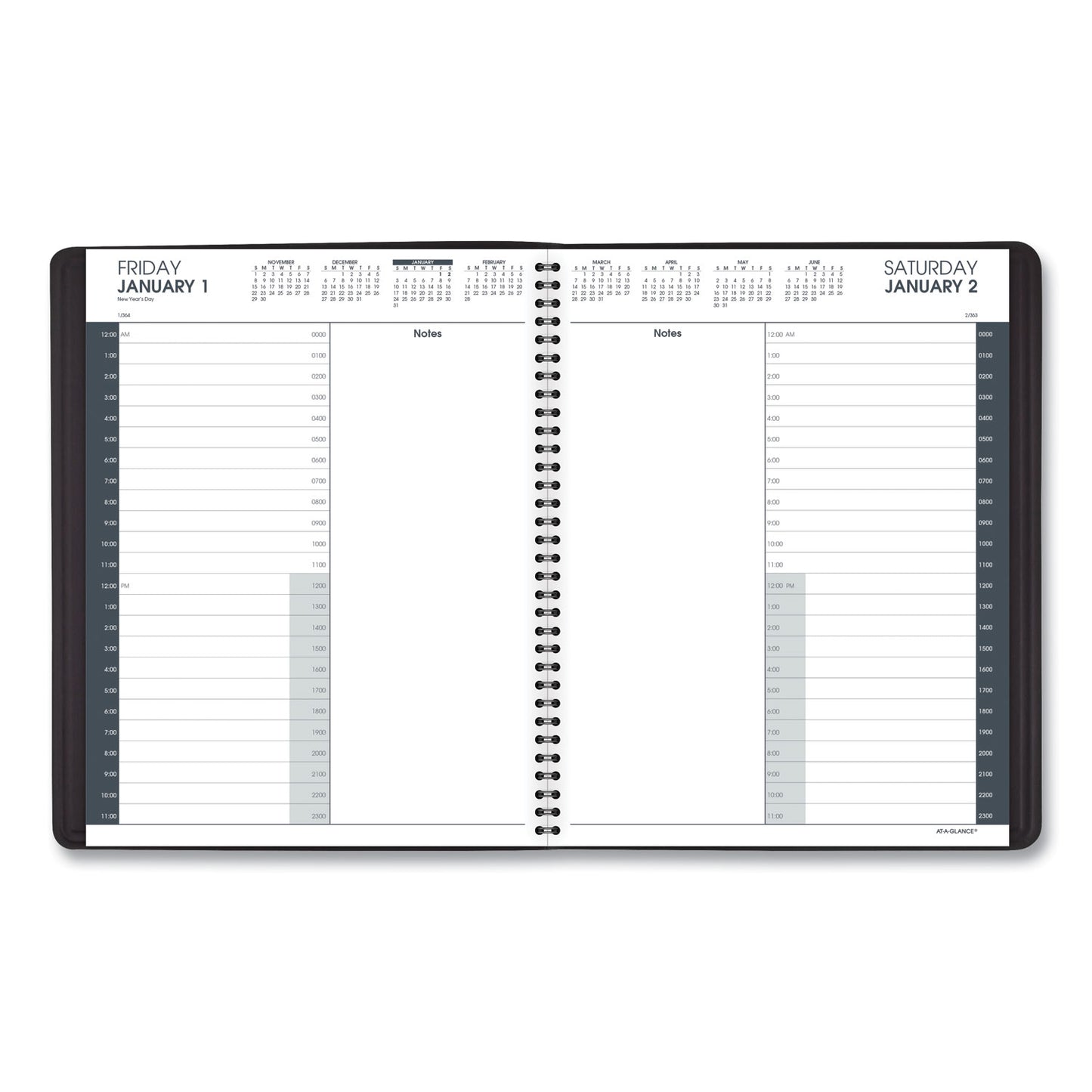 AT-A-GLANCE 24-Hour Daily Appointment Book, 11 x 8.5, Black Cover, 12-Month (Jan to Dec): 2025 (7021405)