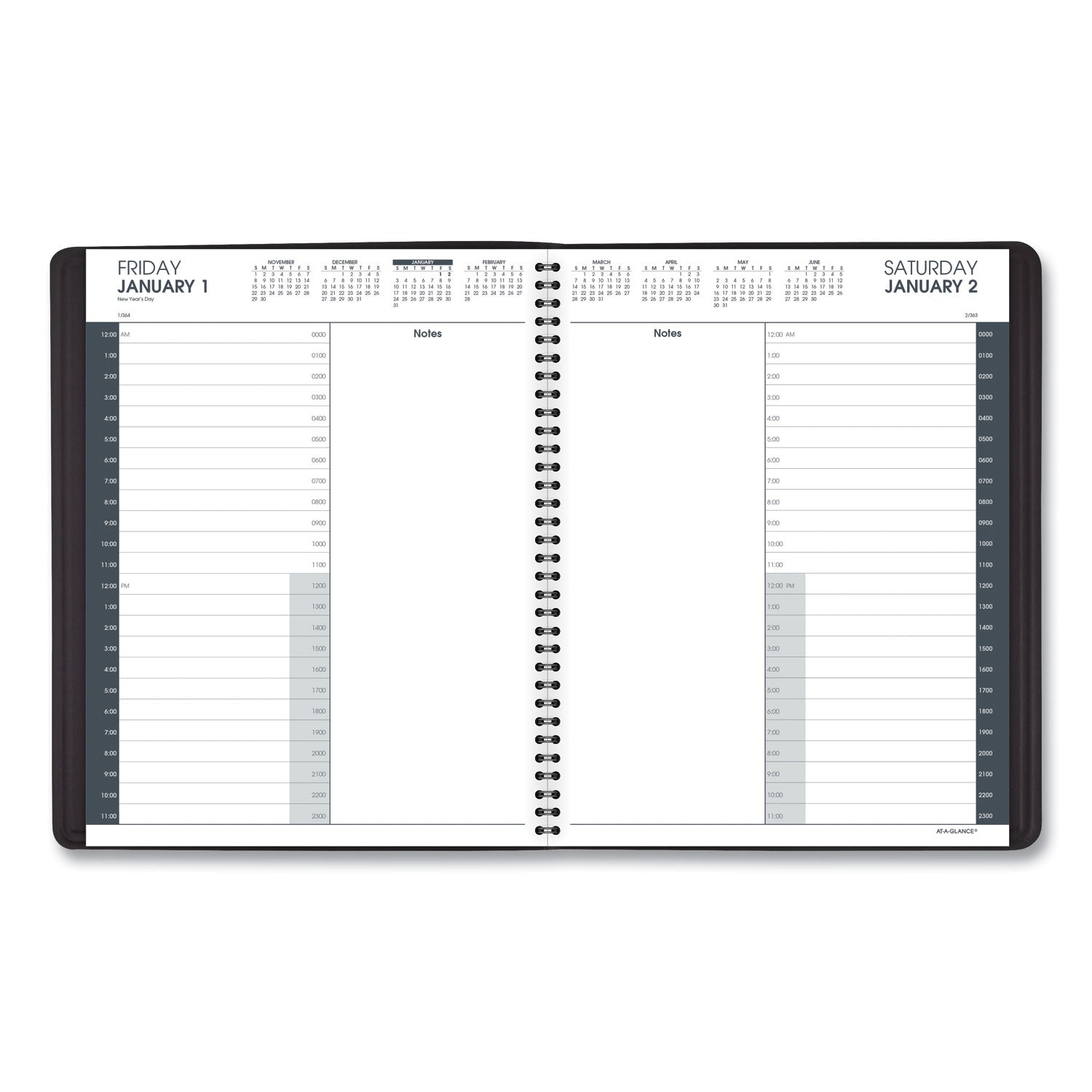 AT-A-GLANCE 24-Hour Daily Appointment Book, 11 x 8.5, Black Cover, 12-Month (Jan to Dec): 2025 (7021405)
