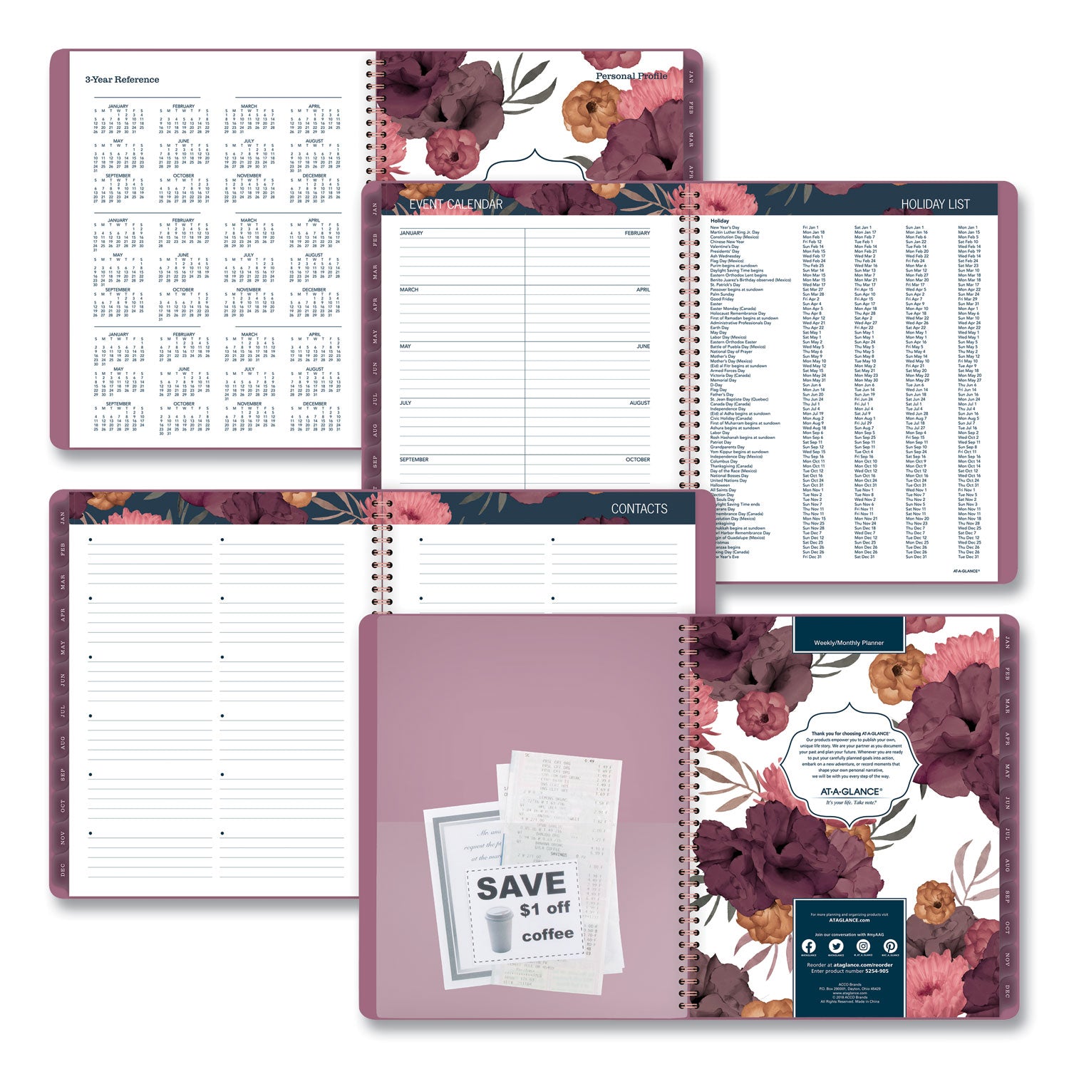 AT-A-GLANCE Dark Romance Weekly/Monthly Planner, Floral Artwork, 11 x 8.5, Multicolor Cover, 13-Month: Jan 2025 to Jan 2026 (5254905)