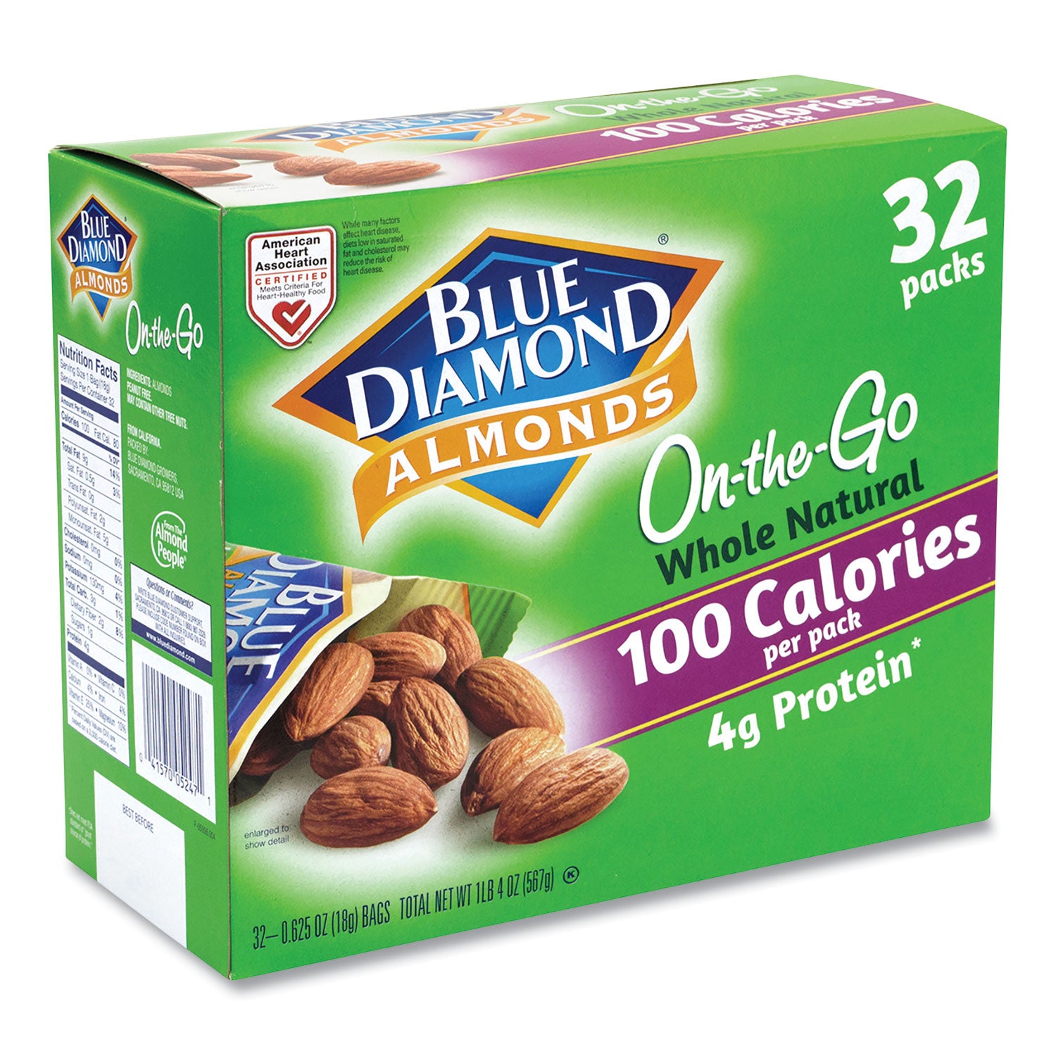 BlueDiamond Whole Natural Almonds On-the-Go, 0.63 oz Pouch, 32 Pouches/Carton (22000512)