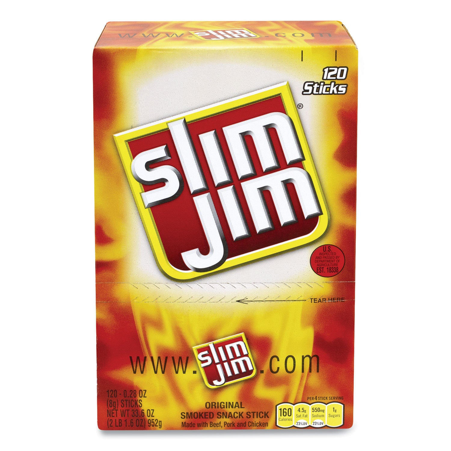 Slim Jim Beef Jerky Meat Sticks Original, 0.28 oz Stick, 120 Sticks/Box (22000065)