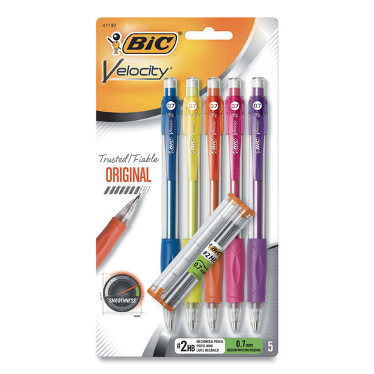 BIC Velocity Original Mechanical Pencil, 0.7 mm, HB (#2), Black Lead, Assorted Barrel Colors, 5/Pack (41192)