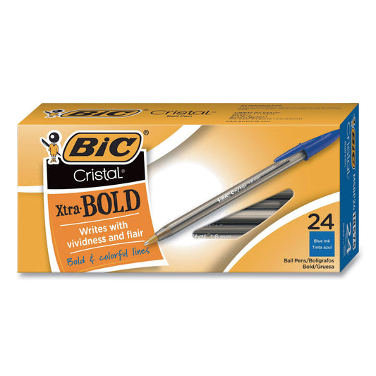 BIC Cristal Xtra Bold Ballpoint Pen, Stick, Bold 1.6 mm, Blue Ink, Clear Barrel, 24/Pack (MSBP241BLU)